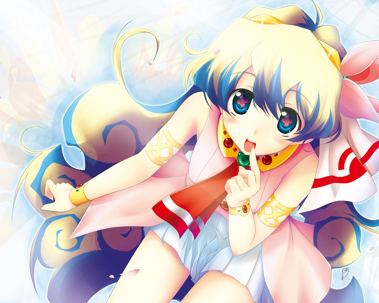 luna lia, nia teppelin, tengen toppa gurren lagann, duplicate, 00s, 1girl, armlet, bracelet, dress, female focus, flower, hair flower, hair ornament, jewelry, long hair, multicolored hair, necktie, pink dress, pink skirt, skirt, sleeveless, solo
