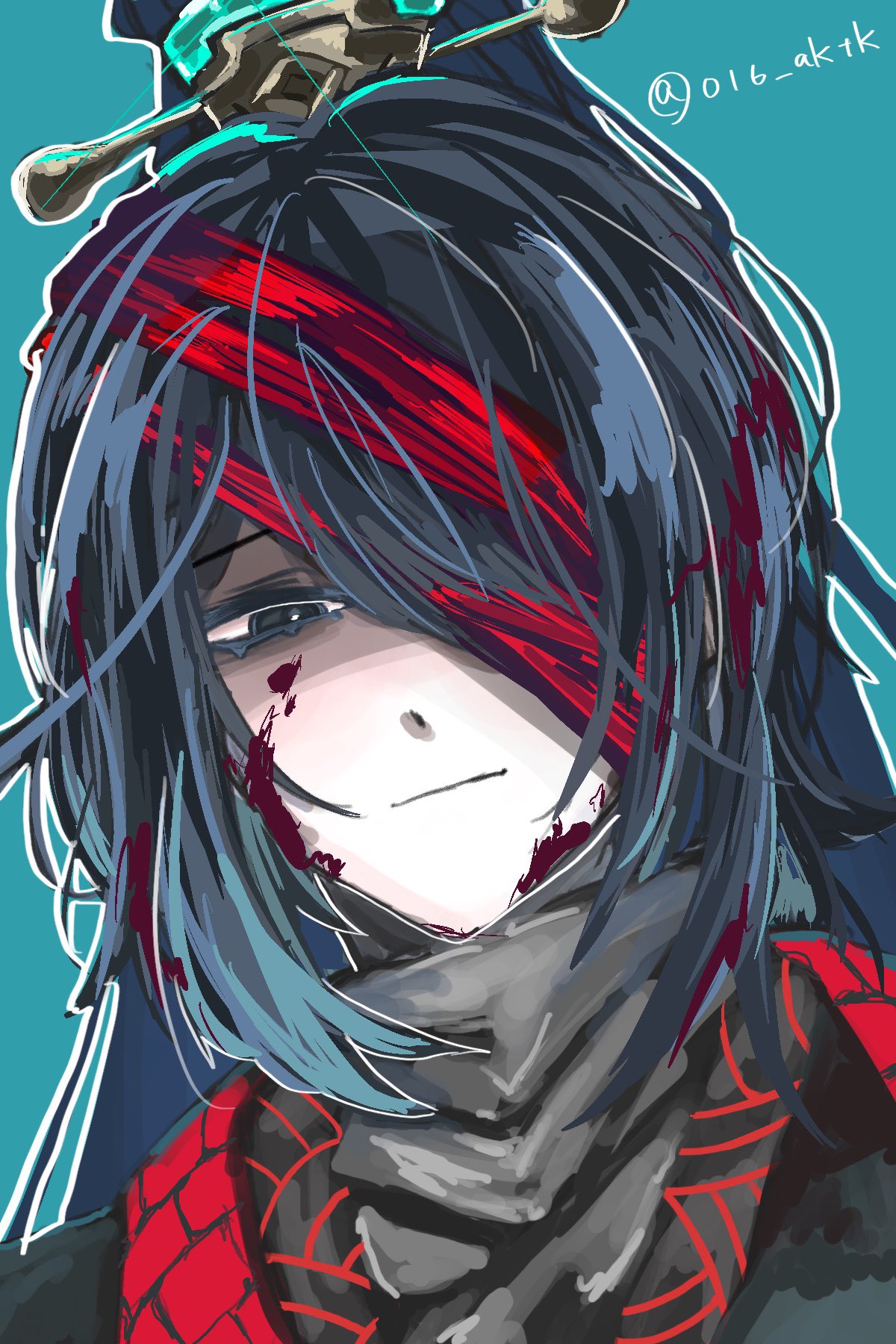 hong lu (project moon), limbus company, project moon, highres, 016 aktk, 1boy, bandages, black coat, black hair, blood, bloody bandages, blue background, coat, family hierarch candidate (identity) (project moon), high ponytail, long hair, ponytail, sidelocks, simple background, solo, very long hair