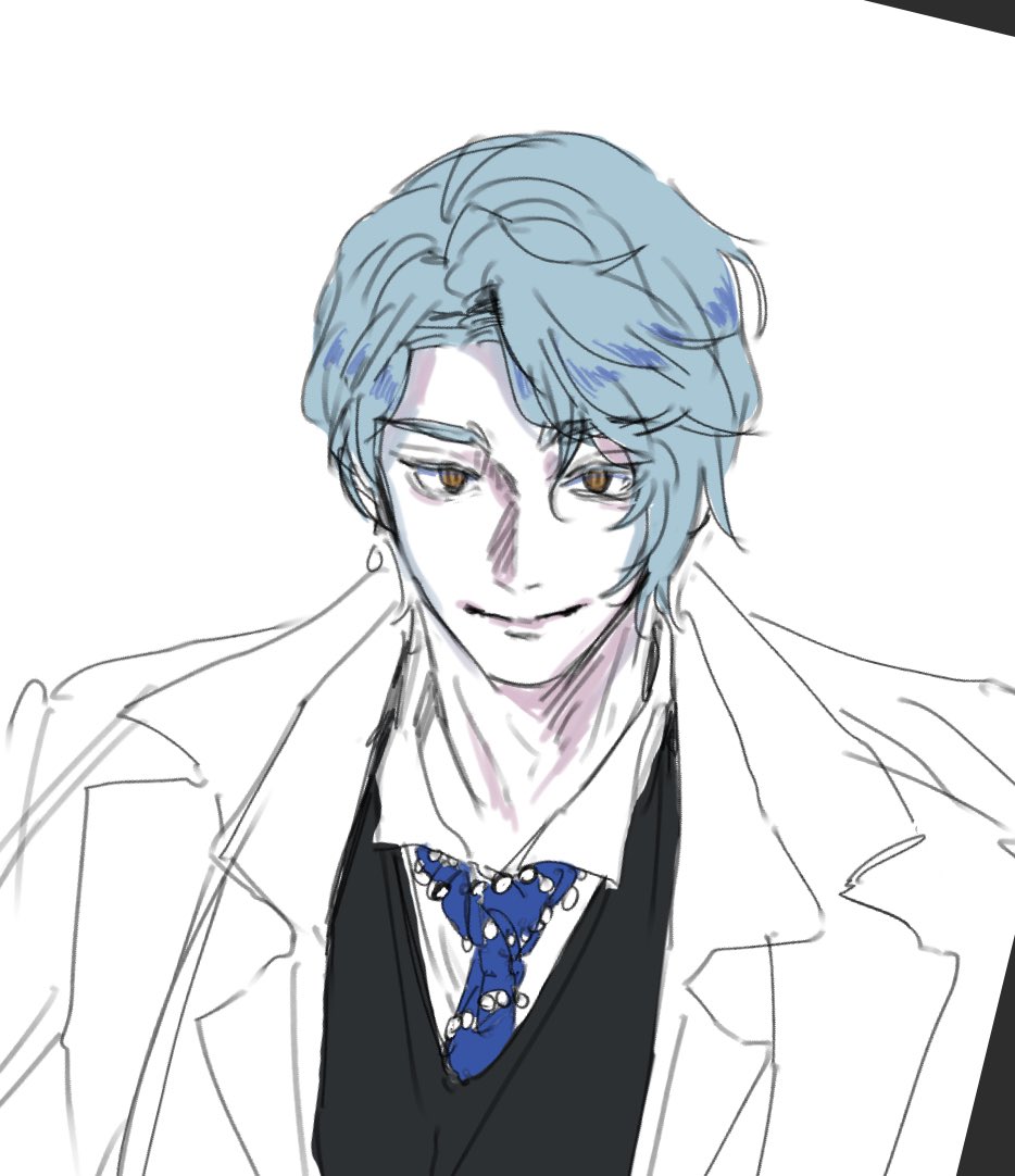 lllimng, i don't want this kind of hero, 1boy, black coat, blue hair, blue necktie, coat, formal clothes, genderswap, genderswap (ftm), gradient hair, multicolored hair, necktie, shirt, smile, suit, two-tone hair, white shirt, white streaks, yellow eyes, youngjeong