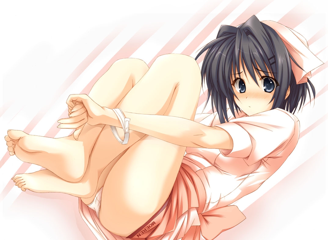 oppai kenmin, moeren, source request, 1girl, barefoot, black hair, blue eyes, blush, bracelet, feet, female focus, jewelry, nurse, panties, pantyshot, short hair, sitting, skirt, soles, solo, toes, underwear, white panties