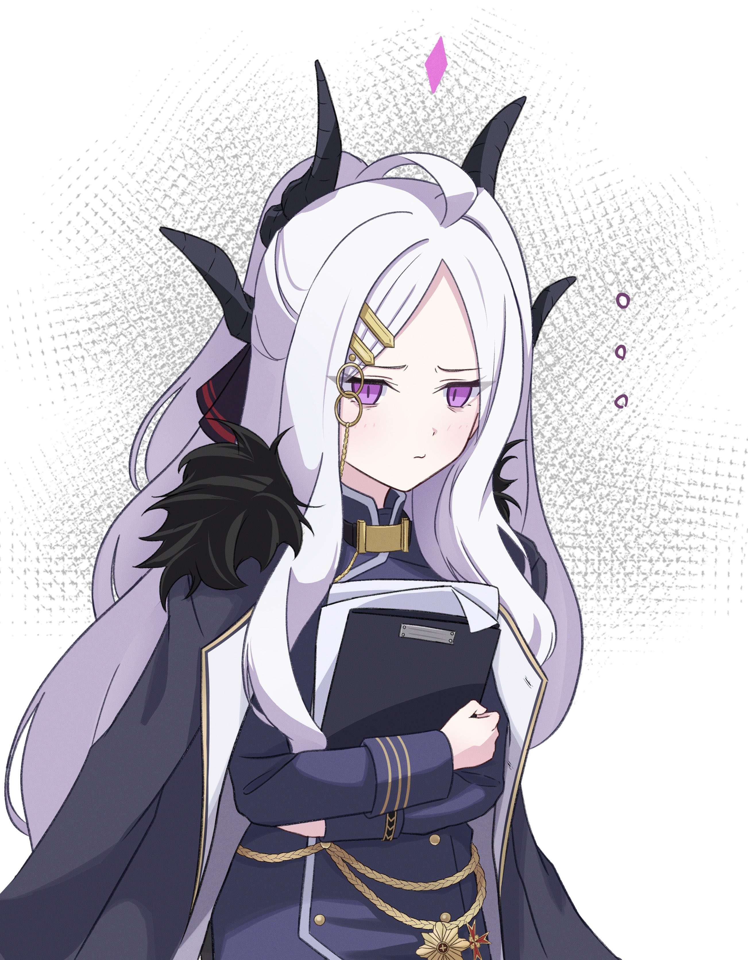 yamamoto no yama, hina (blue archive), blue archive, absurdres, highres, 1girl, ahoge, black coat, coat, coat on shoulders, demon girl, demon horns, halo, horns, long hair, purple eyes, solo, standing, very long hair, white hair