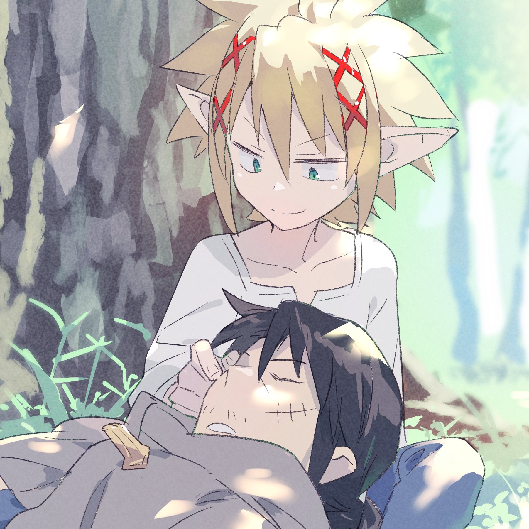 dasshu (dashi now), stunk, zel (ishuzoku reviewers), ishuzoku reviewers, highres, 2boys, black hair, blonde hair, braid, closed eyes, collarbone, facial hair, green eyes, grey cloak, hair between eyes, hair ornament, lap pillow, male focus, multiple boys, mustache stubble, outdoors, parted lips, pointy ears, scar, scar on face, shirt, short hair, sitting, sleeping, stubble, tree, under tree, white shirt, yaoi