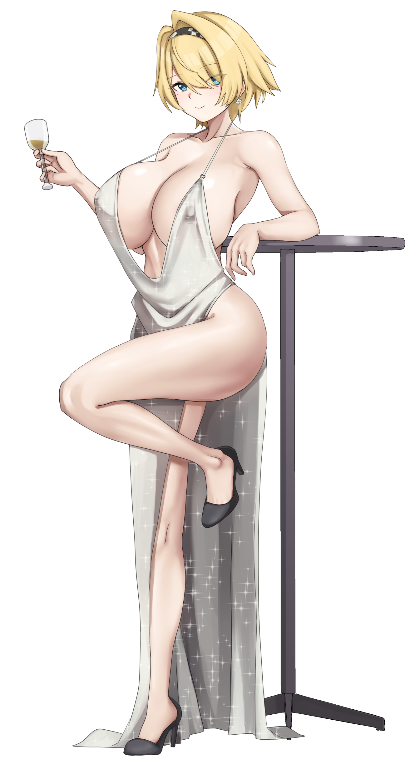 cyka, nikketa (girls' frontline 2), vsk-94 (girls' frontline), girls' frontline, girls' frontline 2: exilium, absurdres, commentary, highres, 1girl, alternate costume, backless dress, backless outfit, bare shoulders, black hairband, black shoes, blonde hair, blue eyes, breasts, champagne flute, cleavage, closed mouth, cocktail dress, collarbone, covered erect nipples, cup, dress, drinking glass, earrings, elbow on table, evening gown, full body, glitter dress, hair between eyes, hair intakes, hairband, high heels, holding, holding cup, jewelry, large breasts, long dress, looking at viewer, mole, mole under eye, plunging neckline, revealing clothes, shoes, short hair, sidelocks, silver dress, simple background, sleeveless, sleeveless dress, smile, snowflake earrings, solo, standing, standing on one leg, stomach, white background