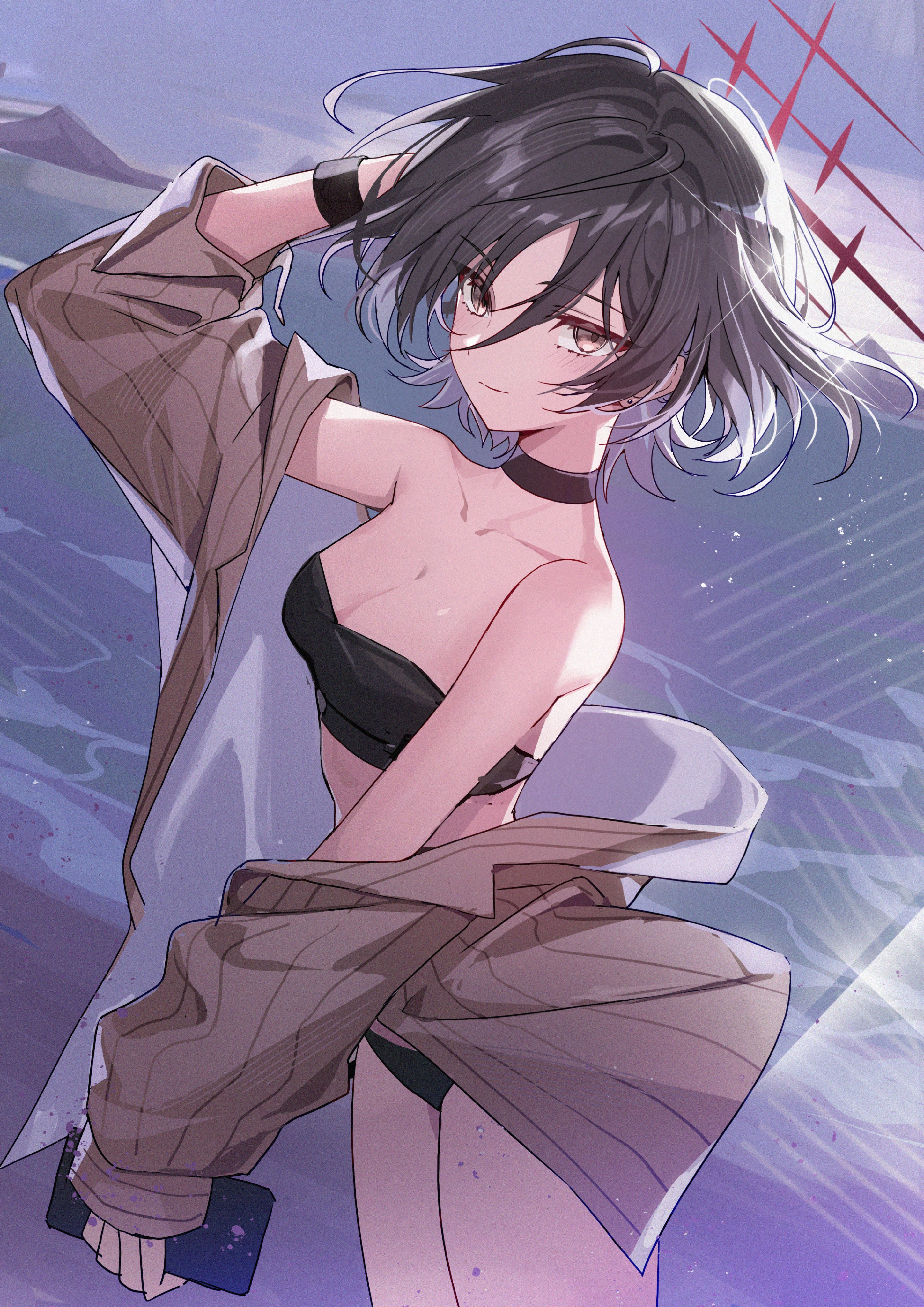 b soyo1, misaki (blue archive), blue archive, absurdres, commentary, highres, 1girl, bikini, black bikini, black choker, black hair, breasts, brown jacket, choker, cleavage, clothes down, collarbone, cowboy shot, jacket, long sleeves, medium breasts, open clothes, open jacket, short hair, solo, swimsuit, yellow eyes