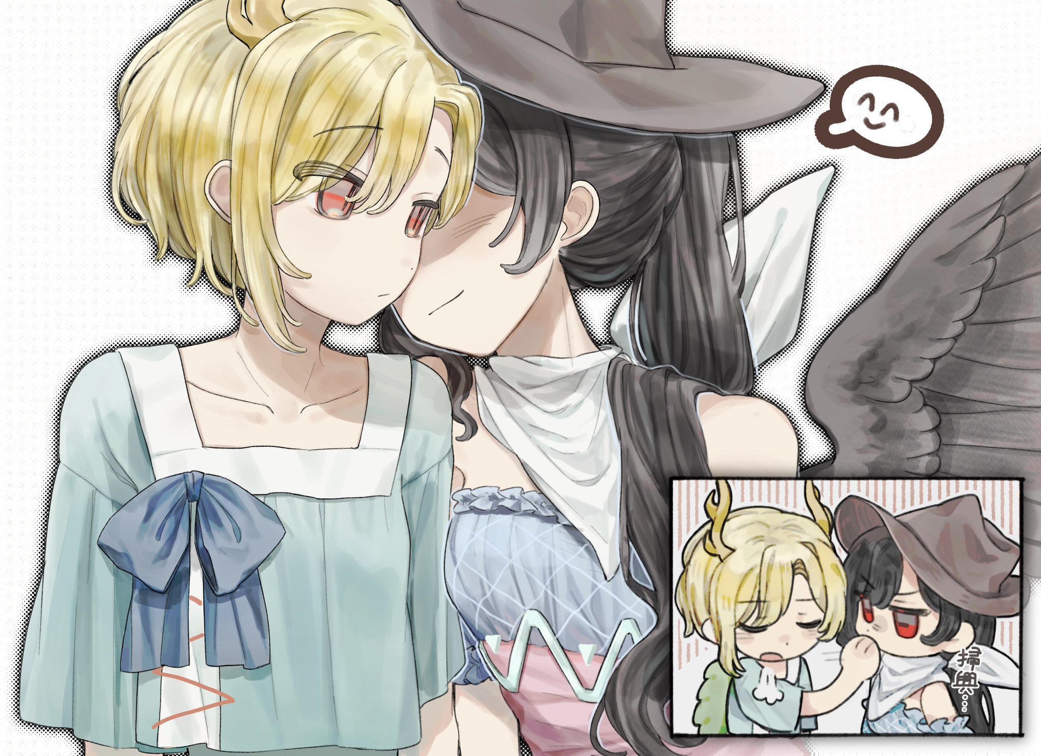 yuejinlin, kicchou yachie, kurokoma saki, touhou, highres, antlers, bandana, black hair, black wings, blonde hair, blue bow, blue shirt, bow, brown hat, closed eyes, cowboy hat, cropped torso, faceless, faceless female, feathered wings, hand on another's mouth, happy, hat, horns, imminent kiss, jitome, long hair, looking at another, off-shoulder shirt, off shoulder, pegasus wings, red eyes, shirt, short sleeves, simple background, upper body, white background, white bandana, wings, yuri