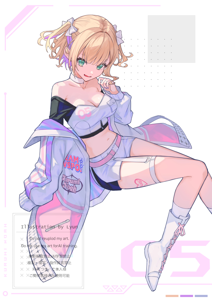 xyunx, kurumi noah, vspo!, highres, 1girl, bare shoulders, blonde hair, boots, bow, breasts, cleavage, green eyes, hair bow, jacket, looking at viewer, medium breasts, medium hair, midriff, multicolored jacket, navel, off shoulder, parted lips, pink jacket, shorts, solo, strapless, tube top, virtual youtuber, white boots, white bow, white jacket, white shorts, white tube top
