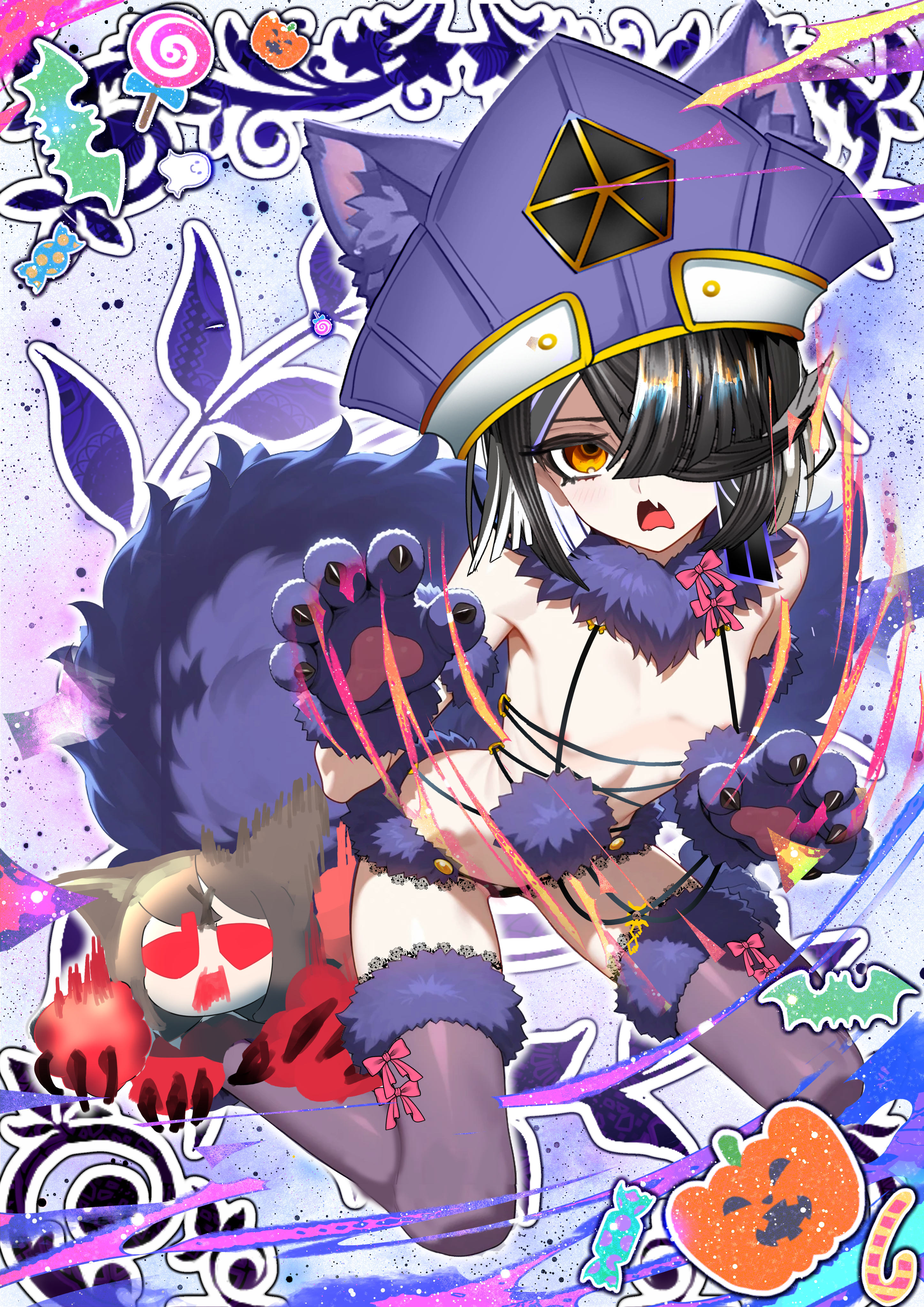 kitsunebi44410, mash kyrielight, mash kyrielight (dangerous beast), xu fu (fate), fate/grand order, fate (series), absurdres, highres, 1girl, animal ears, bare shoulders, black hair, black panties, bow, breasts, brown eyes, cosplay, elbow gloves, fur-trimmed gloves, fur-trimmed thighhighs, fur collar, fur trim, gloves, hair over one eye, hat, lace, lace-trimmed thighhighs, lace trim, lady yu doll, looking at viewer, mash kyrielight (dangerous beast) (cosplay), mole, mole under eye, navel, o-ring, oversized clothes, panties, purple gloves, purple hat, purple thighhighs, revealing clothes, short hair, small breasts, solo, tail, thighhighs, underwear, wolf ears, wolf tail