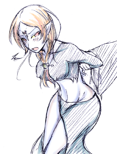 midna, midna (true), nintendo, the legend of zelda, the legend of zelda: twilight princess, spoilers, blue skin, blush, breasts, colored skin, elf, long hair, midriff, pointy ears