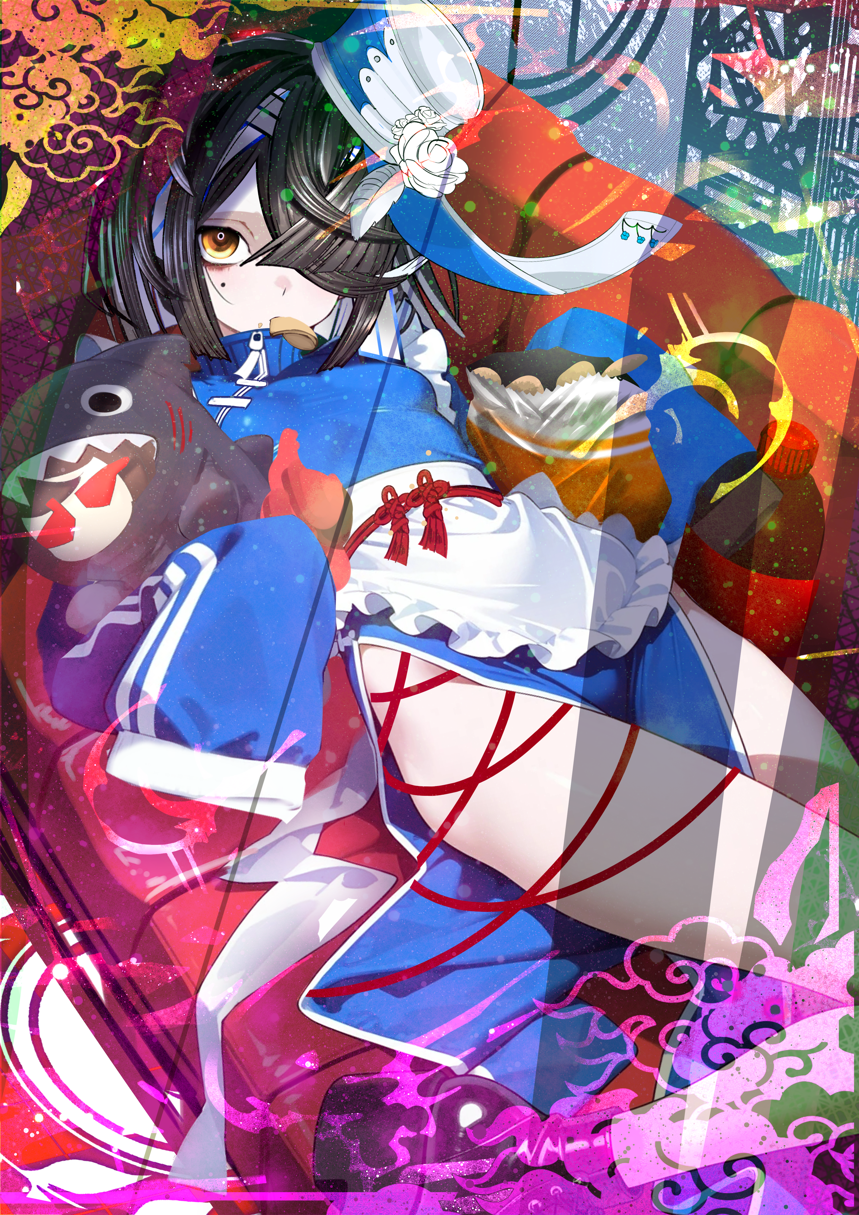 kitsunebi44410, xu fu (fate), fate/grand order, fate (series), absurdres, highres, 1girl, apron, black hair, blue dress, blue hat, breasts, brown eyes, china dress, chinese clothes, cross-laced clothes, dress, hair over one eye, hat, lady yu doll, long sleeves, looking at viewer, mole, mole under eye, pelvic curtain, short hair, sleeves past fingers, sleeves past wrists, small breasts, solo, thighs, waist apron, white apron