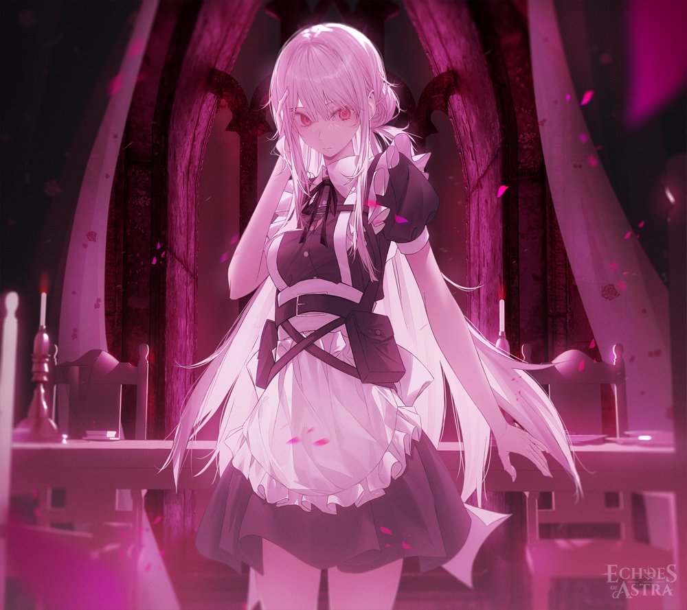 fov ps, character request, copyright request, official art, 1girl, black dress, breasts, chair, cowboy shot, dark background, dress, long hair, looking at viewer, purple hair, solo, table