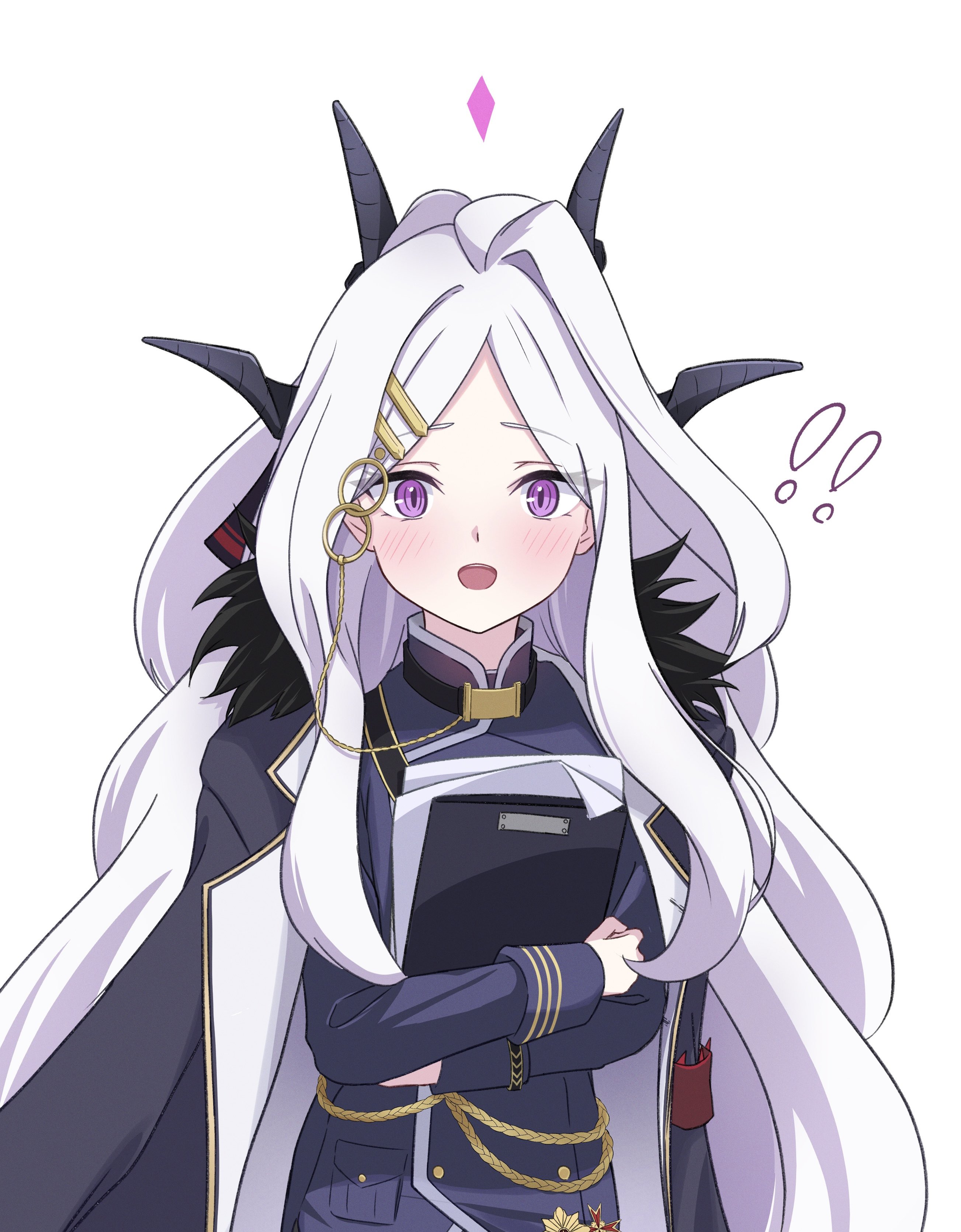 yamamoto no yama, hina (blue archive), blue archive, absurdres, highres, 1girl, ahoge, black coat, coat, coat on shoulders, demon girl, demon horns, halo, horns, long hair, looking at viewer, open mouth, purple eyes, solo, standing, very long hair, white hair