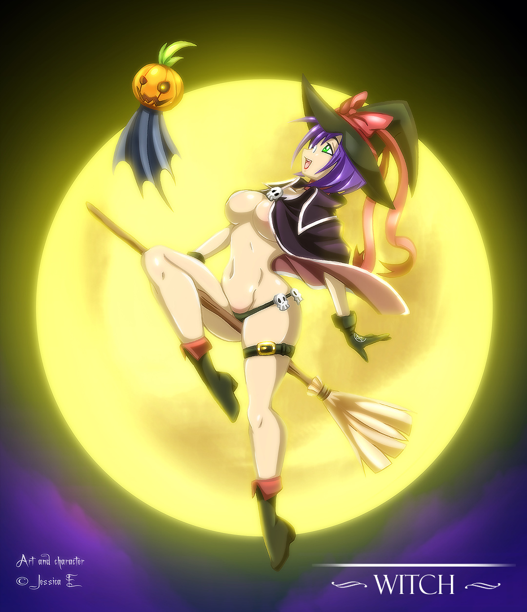 jessica elwood (artist), black footwear, black headwear, highres, 1girl, black gloves, black panties, boots, breasts, broom, broom riding, cape, cleavage, collarbone, curvy, full moon, ghost, glasses, gloves, green eyes, halloween, hat, jack-o'-lantern, large breasts, moon, navel, night, open mouth, outdoors, panties, pentagram, pumpkin, purple cape, purple hair, revealing clothes, riding, short hair, sidesaddle, sitting, skull, sky, smile, teeth, thigh strap, topless female, underwear, witch, witch hat