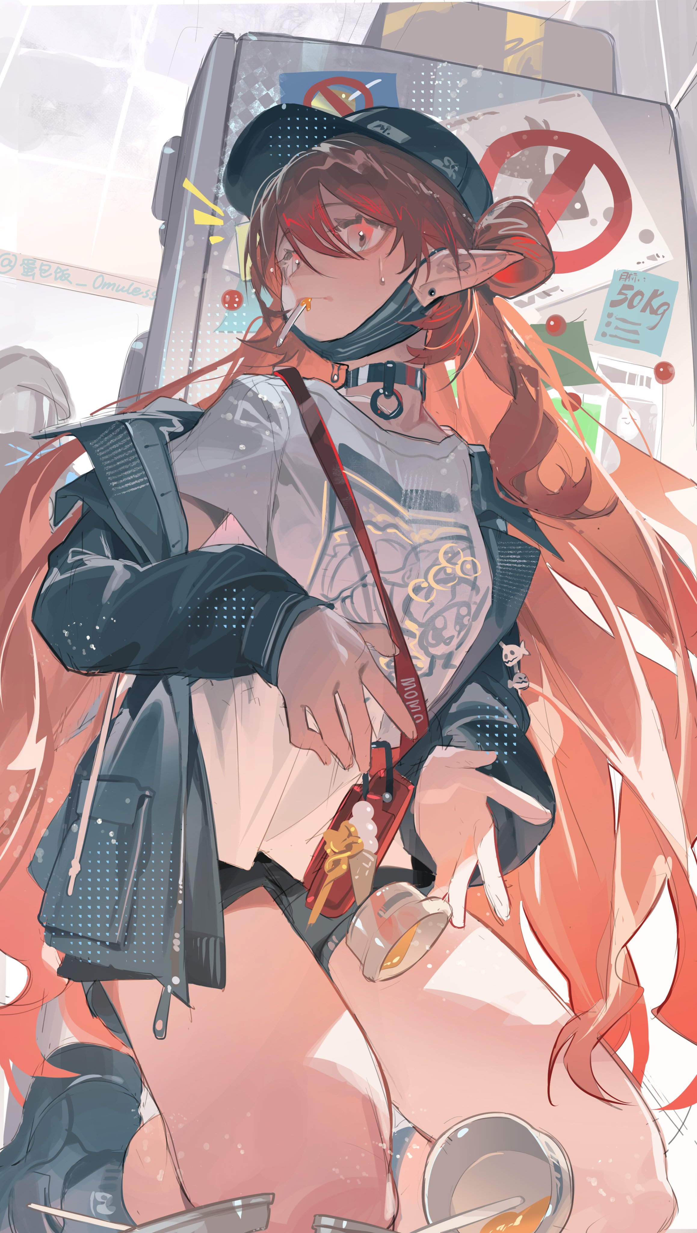 danbaofan omuless, haruka (arknights), arknights, absurdres, highres, 1girl, artist name, bag, baseball cap, black choker, black hat, black jacket, black mask, black shoes, black shorts, choker, hat, jacket, kneeling, long hair, long sleeves, mask, mouth mask, open clothes, open jacket, pointy ears, red eyes, red hair, shirt, shoes, short sleeves, shorts, shoulder bag, solo, sweatdrop, twitter username, white shirt