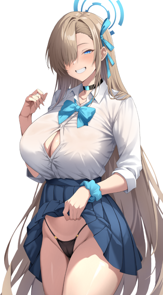 ranhatu, asuna (blue archive), asuna (school uniform) (blue archive), blue archive, commentary, 1girl, aqua scrunchie, black panties, blue eyes, blue halo, blue ribbon, blue skirt, blush, brown hair, cameltoe, collared shirt, grin, hair ornament, hair over one eye, hair ribbon, halo, long hair, looking at viewer, official alternate costume, one eye covered, panties, pleated skirt, ribbon, scrunchie, shirt, shirt tucked in, skirt, smile, solo, standing, thighs, underwear, white background, white shirt, wrist scrunchie