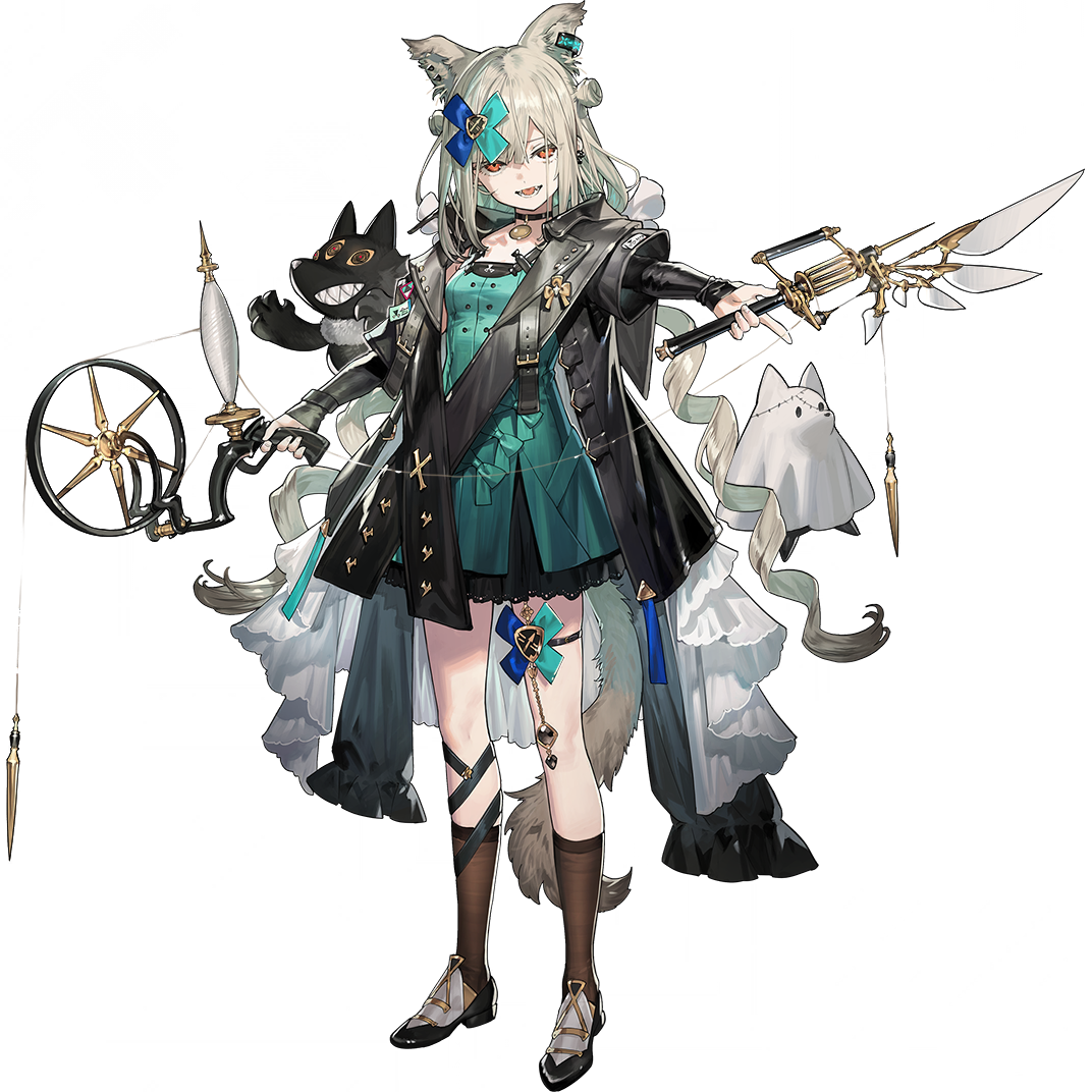 infection monitor (arknights), arknights, official art, third-party source, 1girl, animal ear piercing, animal ears, black choker, black jacket, black socks, breasts, choker, dress, drill hair, ear piercing, full body, green dress, jacket, kneehighs, morpheus (arknights), open clothes, open jacket, open mouth, orange eyes, piercing, simple background, small breasts, socks, solo, thigh strap, thread, transparent background, twin drills
