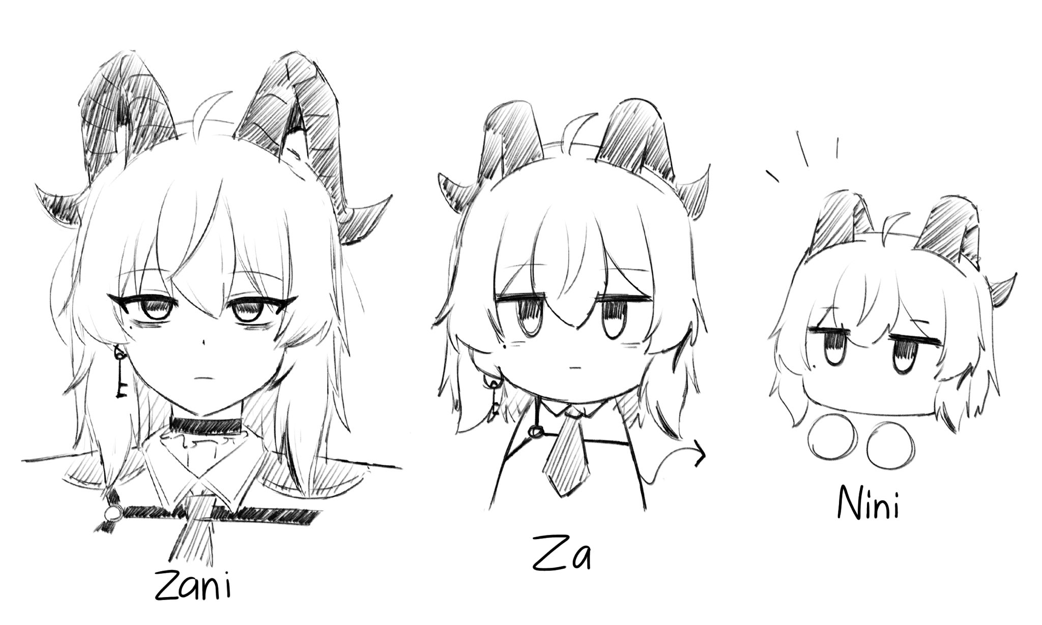 tenrino, zani (wuthering waves), wuthering waves, commentary, hashtag-only commentary, highres, 1girl, ahoge, bags under eyes, ball hands, character name, chest harness, choker, closed mouth, collared shirt, curled horns, demon tail, dual persona, earrings, hair between eyes, harness, horns, jewelry, key earrings, long hair, looking at viewer, mole, mole under eye, necktie, remnant cube (wuthering waves), shirt, simple background, tail, white background