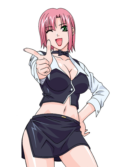 rudoni, rio rollins, super blackjack, 1girl, breasts, choker, cleavage, cowboy shot, croupier, female focus, green eyes, hand on own hip, large breasts, midriff, miniskirt, one eye closed, pencil skirt, pink hair, pointing, short hair, simple background, skirt, solo, white background, wink