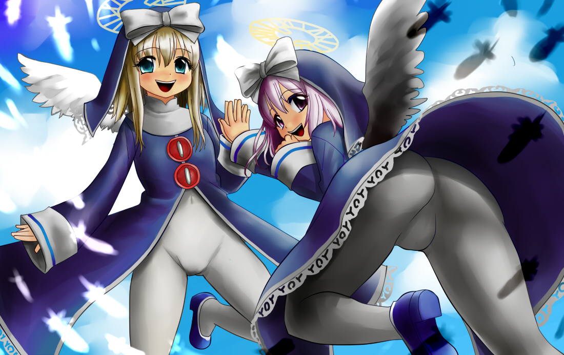 kokumotsu, emil chronicle online, 2girls, black wings, blonde hair, blue dress, blue eyes, blue hood, blue shoes, blue sky, dress, grey pantyhose, halo, long hair, multiple girls, nun, open mouth, own hands clasped, own hands together, palms together, pantyhose, purple eyes, purple hair, shoes, shugoma kamia & kanna, siblings, sky, twins, white pantyhose, white wings, wings