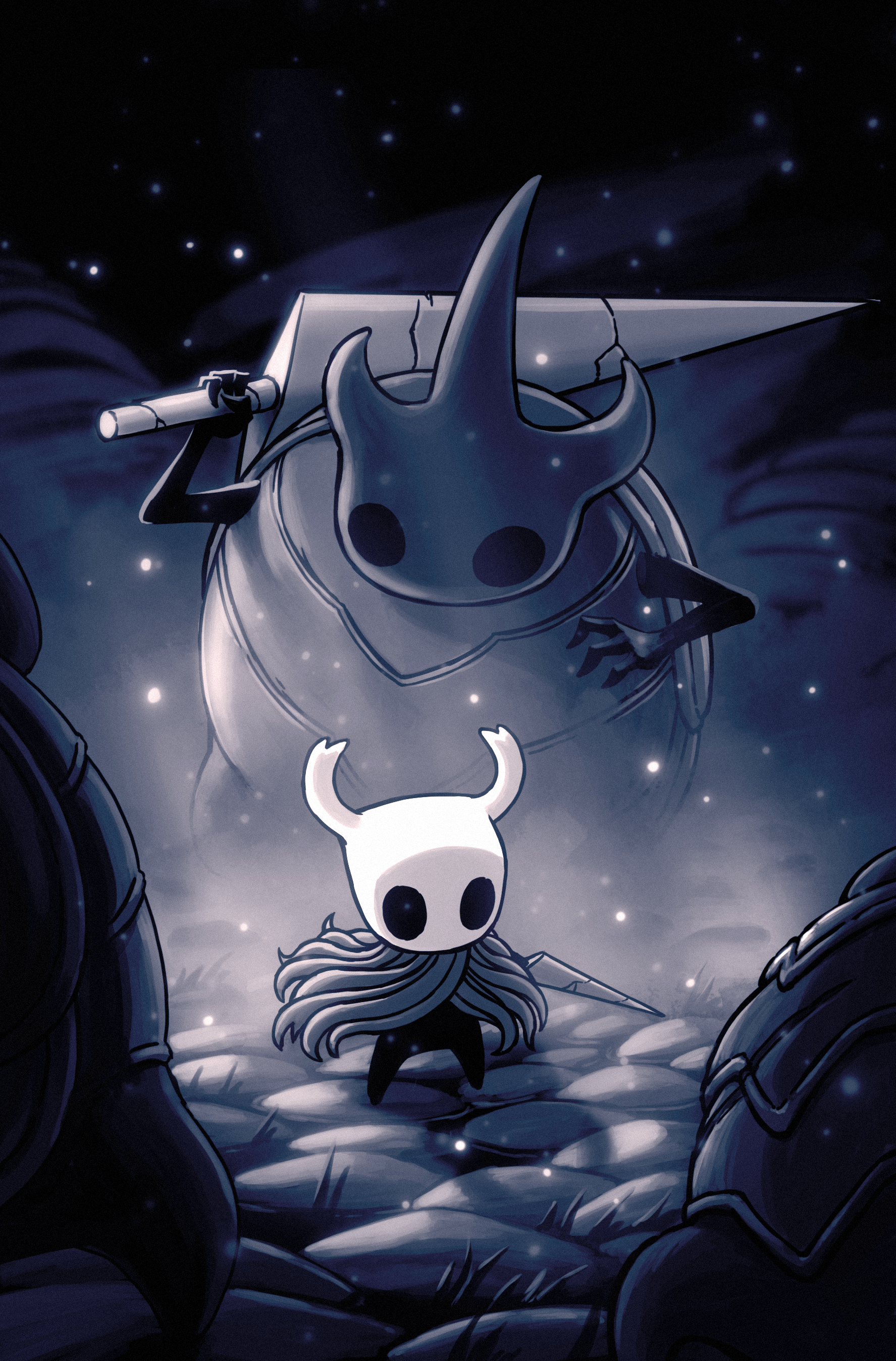 knight (hollow knight), watcher knight (hollow knight), hollow knight, absurdres, highres, official art, promotional art, 2others, ari gibson, backlighting, behind another, blank eyes, bug, cloak, cobblestone, damaged, empty eyes, floating cape, grey cloak, holding, holding weapon, hollow eyes, horned mask, imminent fight, light particles, mask, multiple others, nail (hollow knight), old nail (hollow knight), over shoulder, shadow, shell, solid oval eyes, solo, standing, weapon, weapon over shoulder, white mask