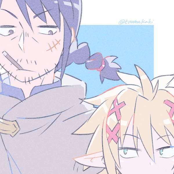 dasshu (dashi now), stunk, zel (ishuzoku reviewers), ishuzoku reviewers, 2boys, blonde hair, blue eyes, border, braid, facial hair, grey cloak, hair between eyes, long hair, looking at another, male focus, multiple boys, mustache stubble, pointy ears, scar, scar on face, smoking, sparse stubble, stubble, white border