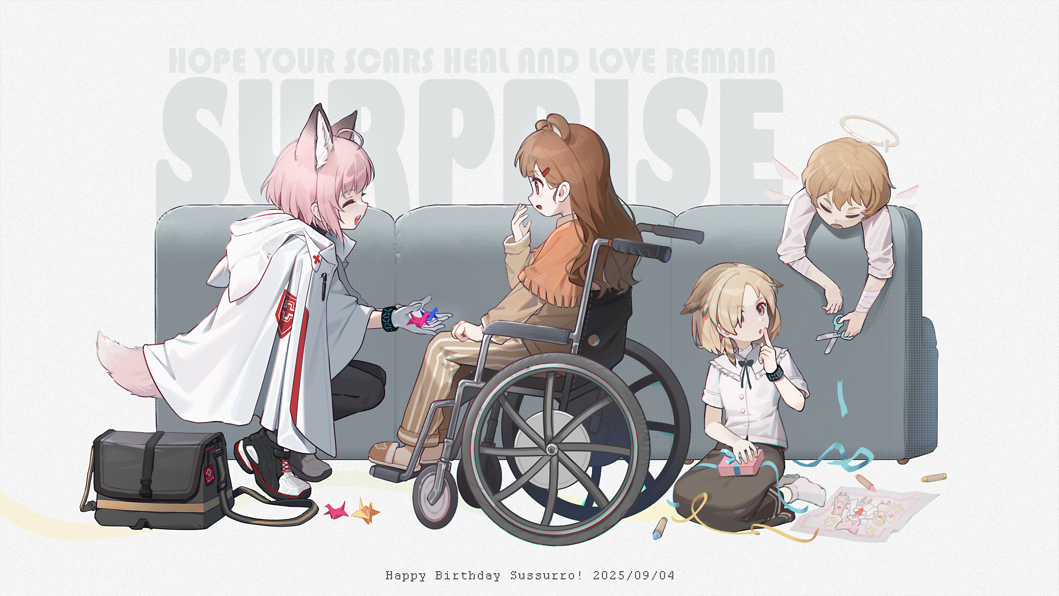 karoro, sussurro (arknights), arknights, absurdres, commentary request, highres, 4girls, animal ears, brown hair, dated, fox ears, fox girl, fox tail, halo, happy birthday, multiple girls, tail, wheelchair