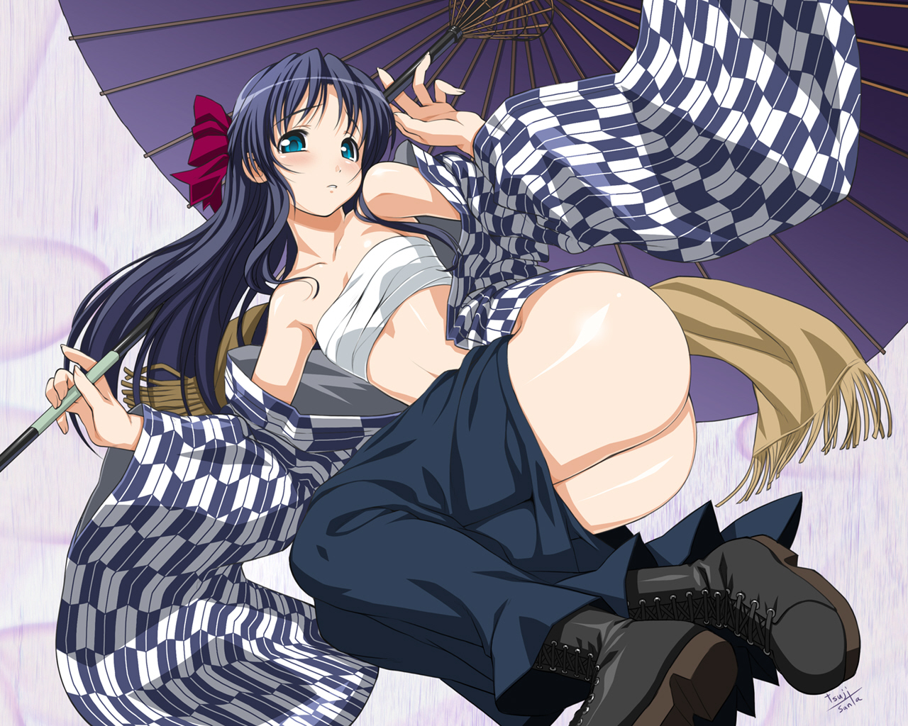 ass, blush, long hair, midriff, no panties