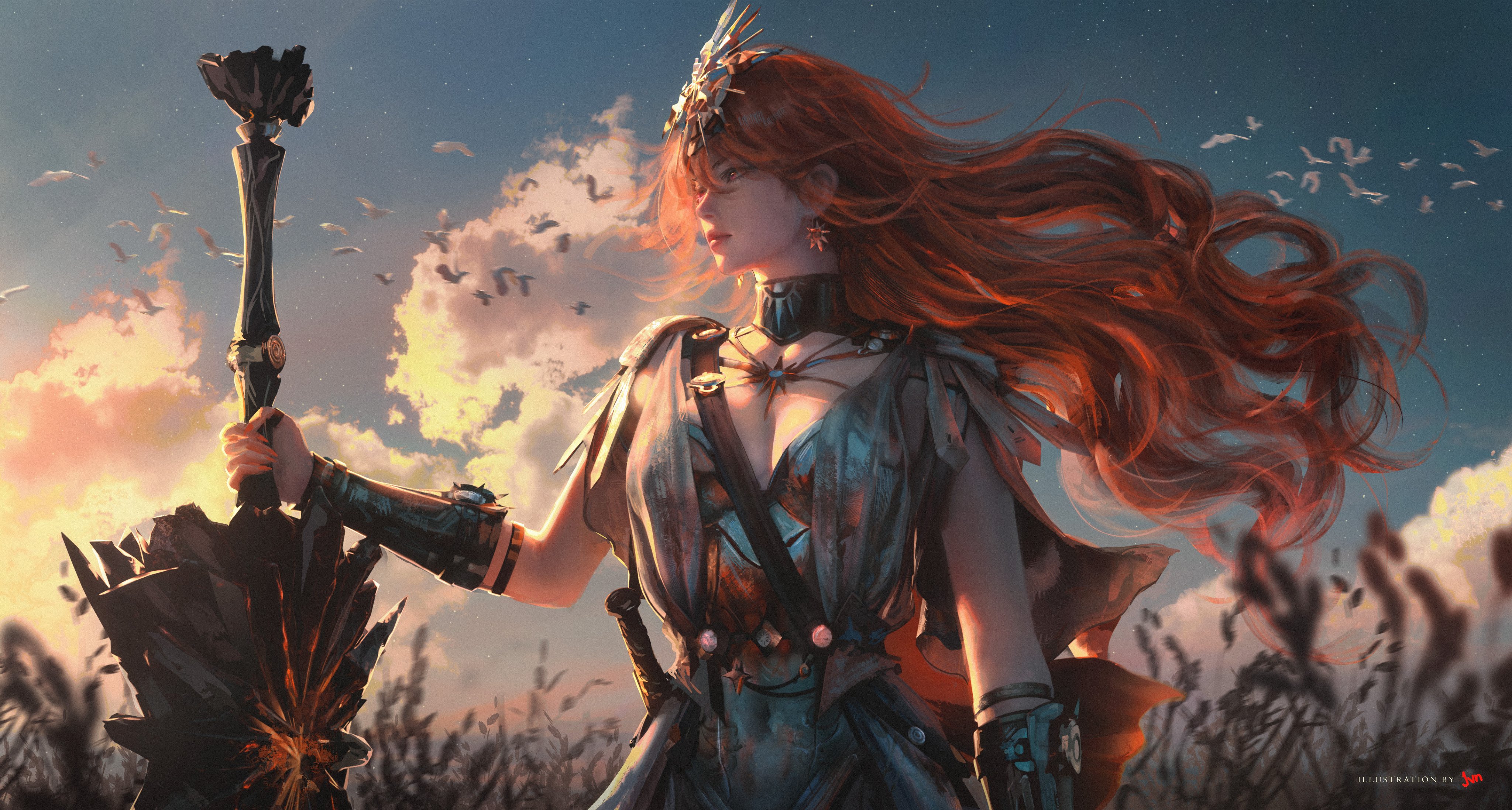 jvn, augusta (wuthering waves), absurdres, commentary, english commentary, highres, 1girl, ancient greek clothes, arm armor, armor, black collar, breastplate, breasts, collar, covered navel, cowboy shot, dress, earrings, greatsword, greco-roman clothes, headgear, holding, holding sword, holding weapon, jewelry, long hair, looking ahead, looking to the side, medium breasts, orange hair, outdoors, solo, sun earrings, sun necklace, sword, weapon, white dress