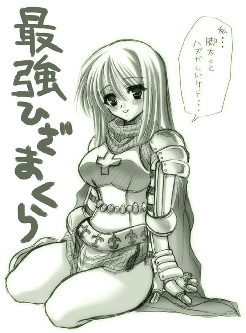 ragnarok online, artist request, tagme, translation request, 1girl, armor, blush, female focus, long hair, monochrome, solo