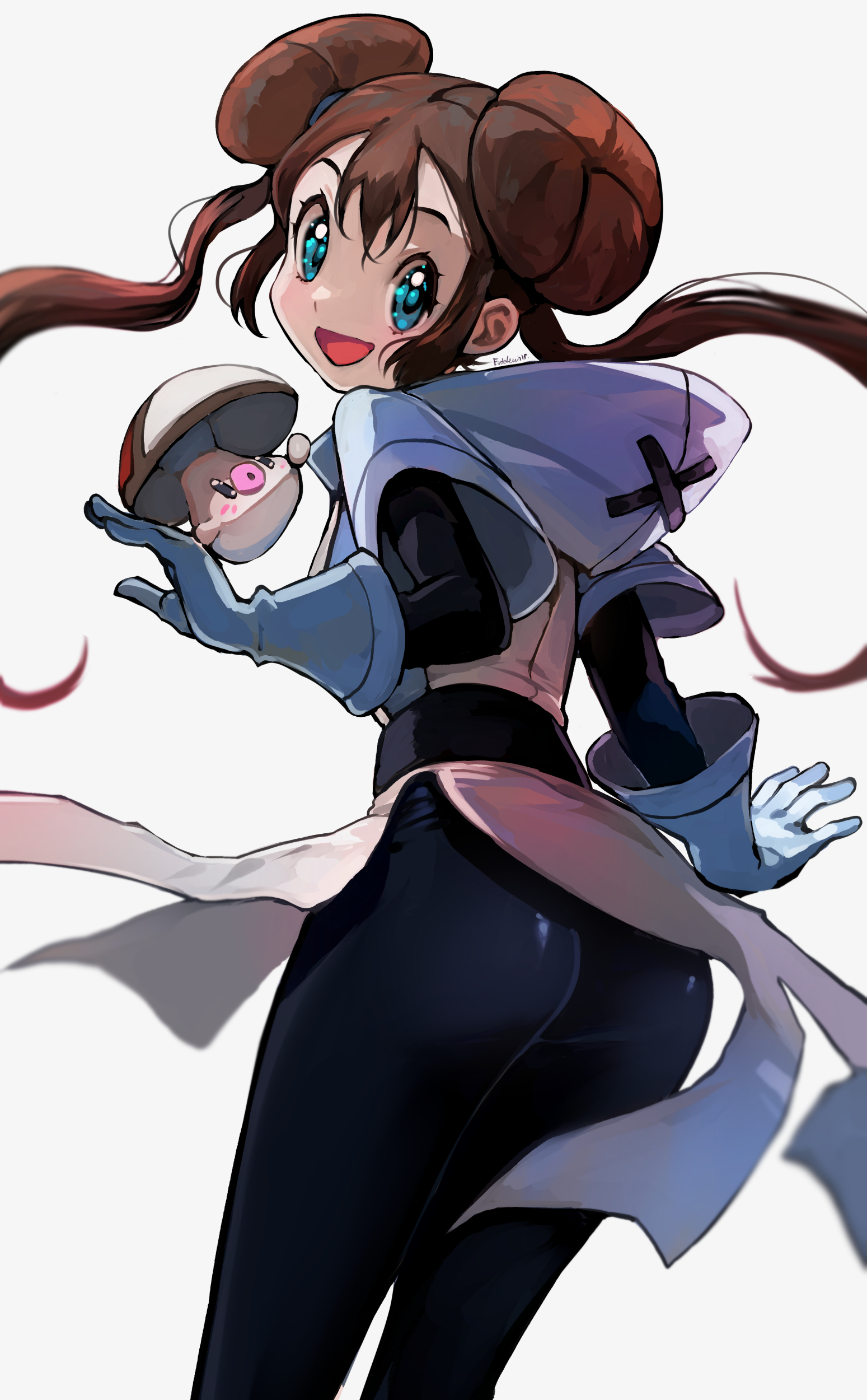 eudetenis, foongus, rosa (pokemon), nintendo, pokemon, pokemon adventures, absurdres, commentary request, highres, 1girl, :d, aqua eyes, ass, blush, brown hair, double bun, eyelashes, gen 5 pokemon, gloves, grey gloves, hair bun, hood, hood down, long hair, looking back, open mouth, pokemon (creature), simple background, smile, team plasma, team plasma uniform, twintails, white background