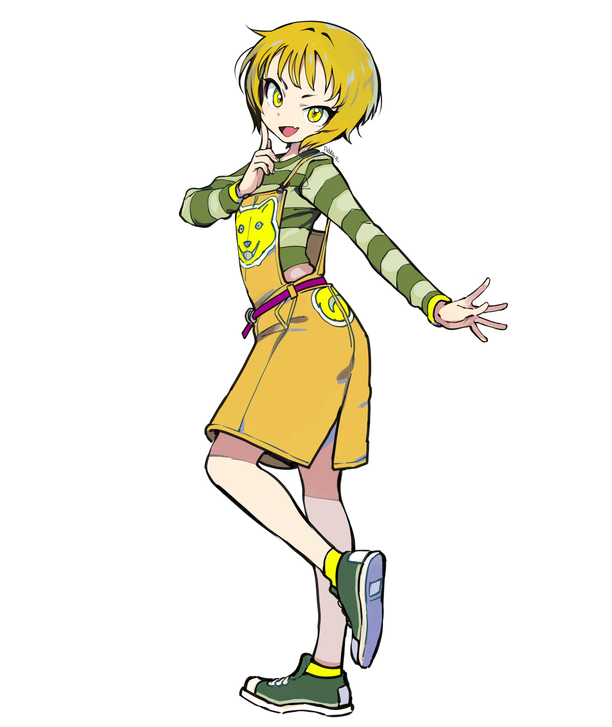 eudetenis, original, absurdres, commentary, highres, 1girl, belt, brown hair, eyelashes, fang, finger to cheek, full body, green shirt, green shoes, long sleeves, open mouth, overalls, purple belt, shirt, shoes, short hair, simple background, skin fang, smile, socks, solo, standing, standing on one leg, striped clothes, striped shirt, white background, yellow eyes, yellow overalls, yellow socks