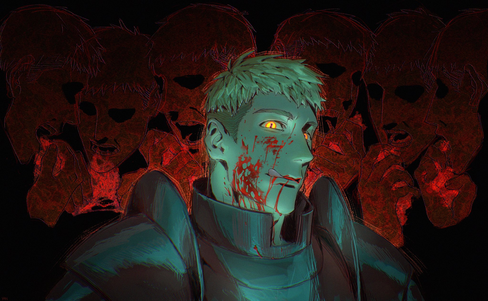 laios touden, winged lion (dungeon meshi), dungeon meshi, commentary, highres, spoilers, 1boy, armor, black background, blonde hair, blood, blood in mouth, blood on cheek, blood on face, blood on neck, breastplate, eating, gorget, horror (theme), licking lips, looking at viewer, pauldrons, plate armor, short hair, shoulder armor, symbol-shaped pupils, tongue, tongue out, upper body, yanna yan, yellow eyes