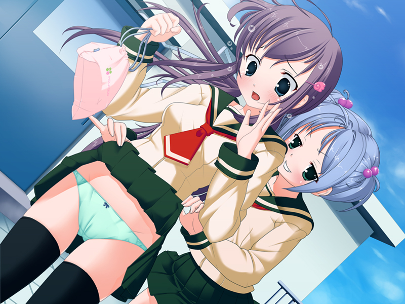 blush, clothes lift, long hair, panties, school uniform, serafuku, short hair, skirt, skirt lift, thighhighs, underwear