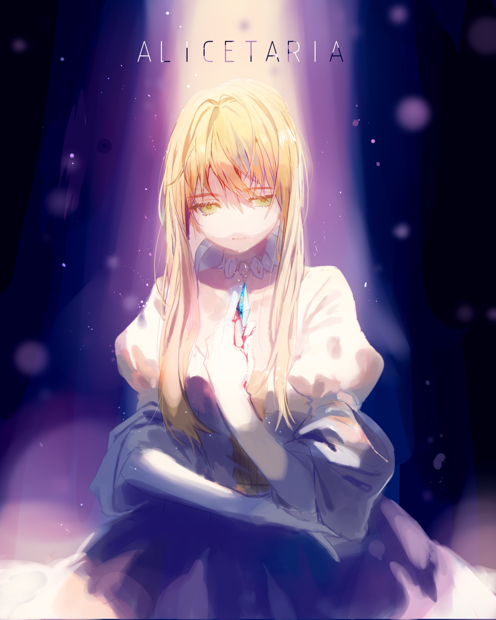 ciloranko, alicetaria, unlight, highres, 1girl, bleeding, blood, dress, green eyes, jewelry, long hair, solo, white dress