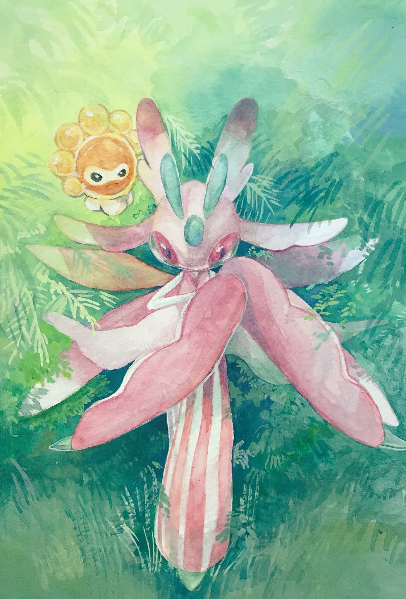 mint nappa, castform, castform (sunny), lurantis, nintendo, pokemon, commentary request, highres, painting (medium), traditional media, watercolor (medium), full body, gen 3 pokemon, gen 7 pokemon, looking at viewer, no humans, outdoors, palm leaf, pokemon (creature), red eyes