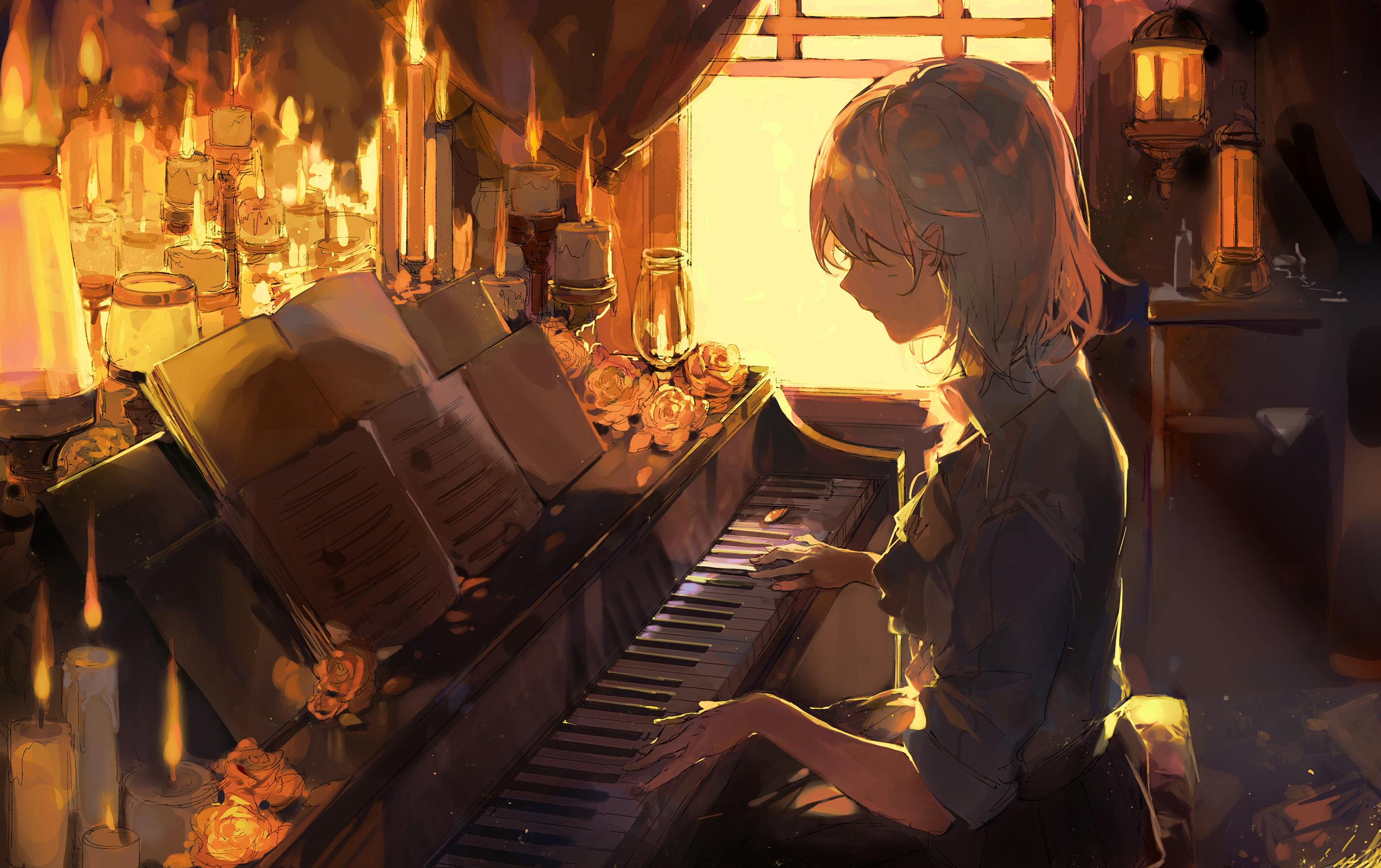 ciloranko, original, highres, 1girl, candle, flower, glass, instrument, lantern, music, petals, playing instrument, playing piano, rose, shirt, short hair, window