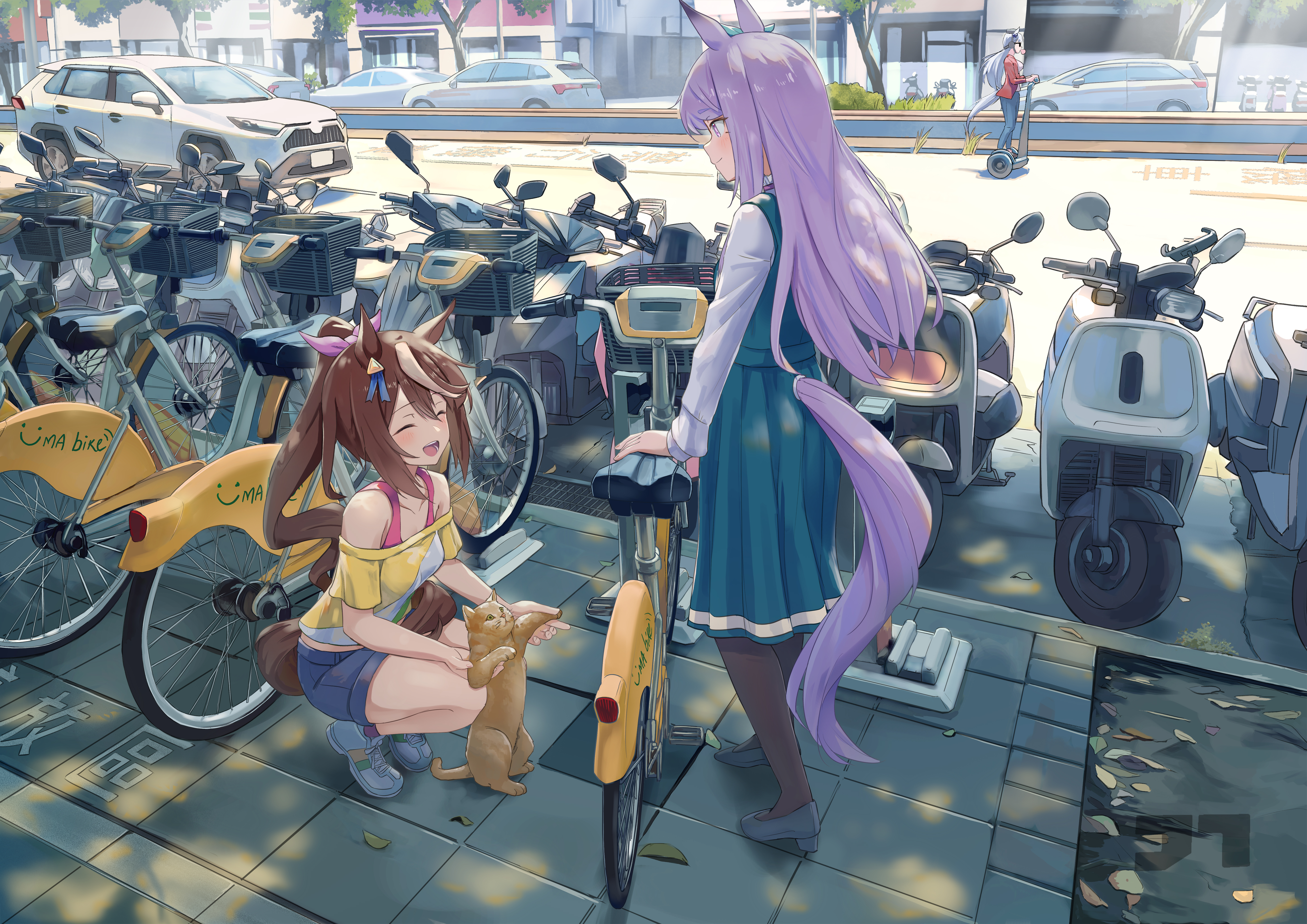 jtleeklm, gold ship (umamusume), mejiro mcqueen (umamusume), tokai teio (umamusume), umamusume, absurdres, commentary request, highres, 3girls, animal ears, aqua bow, bare shoulders, bicycle, black pantyhose, blowing bubble gum, blue dress, blue pants, blue shorts, blush, bow, bra, bra strap, breasts, brown hair, brown hat, building, car, cat, chewing gum, closed eyes, collarbone, day, denim, denim shorts, dress, ear bow, ear ornament, ear ribbon, grey hair, hair between eyes, hair bow, hat, high ponytail, horse ears, horse girl, horse tail, jacket, large breasts, long hair, long sleeves, moped, motor vehicle, multicolored hair, multiple girls, off-shoulder shirt, off shoulder, open mouth, outdoors, pants, pantyhose, pillbox hat, pink bow, pink bra, ponytail, purple eyes, purple hair, red jacket, scooter, segway, shirt, shoes, shorts, smile, squatting, streaked hair, striped clothes, striped shirt, sunglasses, tail, tree, two-tone hair, underwear, white hair, white shirt, yellow shirt