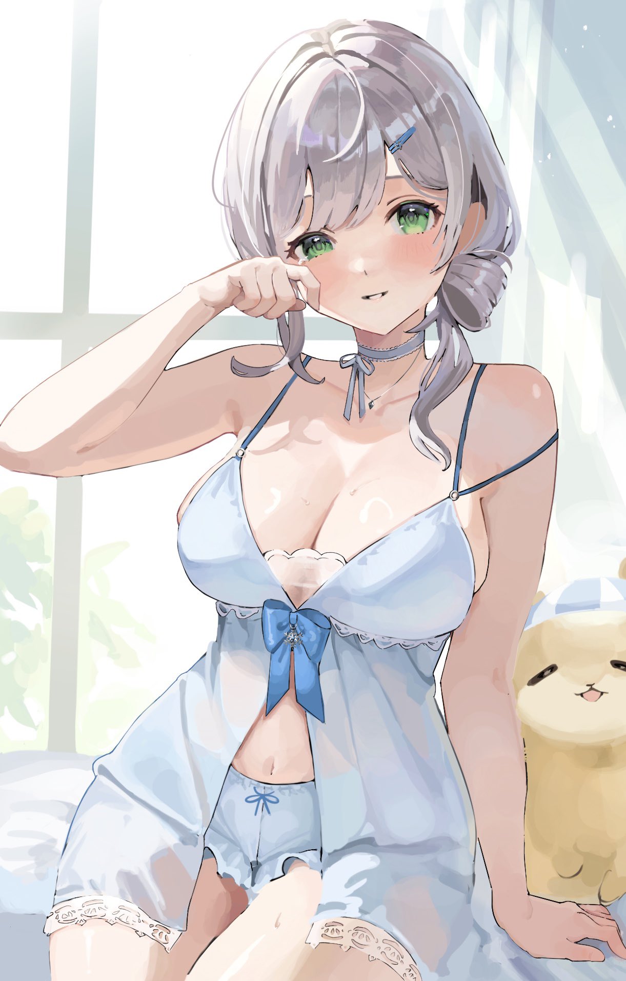 shirogane noel, hololive, highres, 1girl, babydoll, bare shoulders, blush, breasts, cat, cleavage, collarbone, cowboy shot, green eyes, grey hair, large breasts, nyannyan poa, shorts, smile, solo, spaghetti strap, virtual youtuber, white babydoll, white shorts, window
