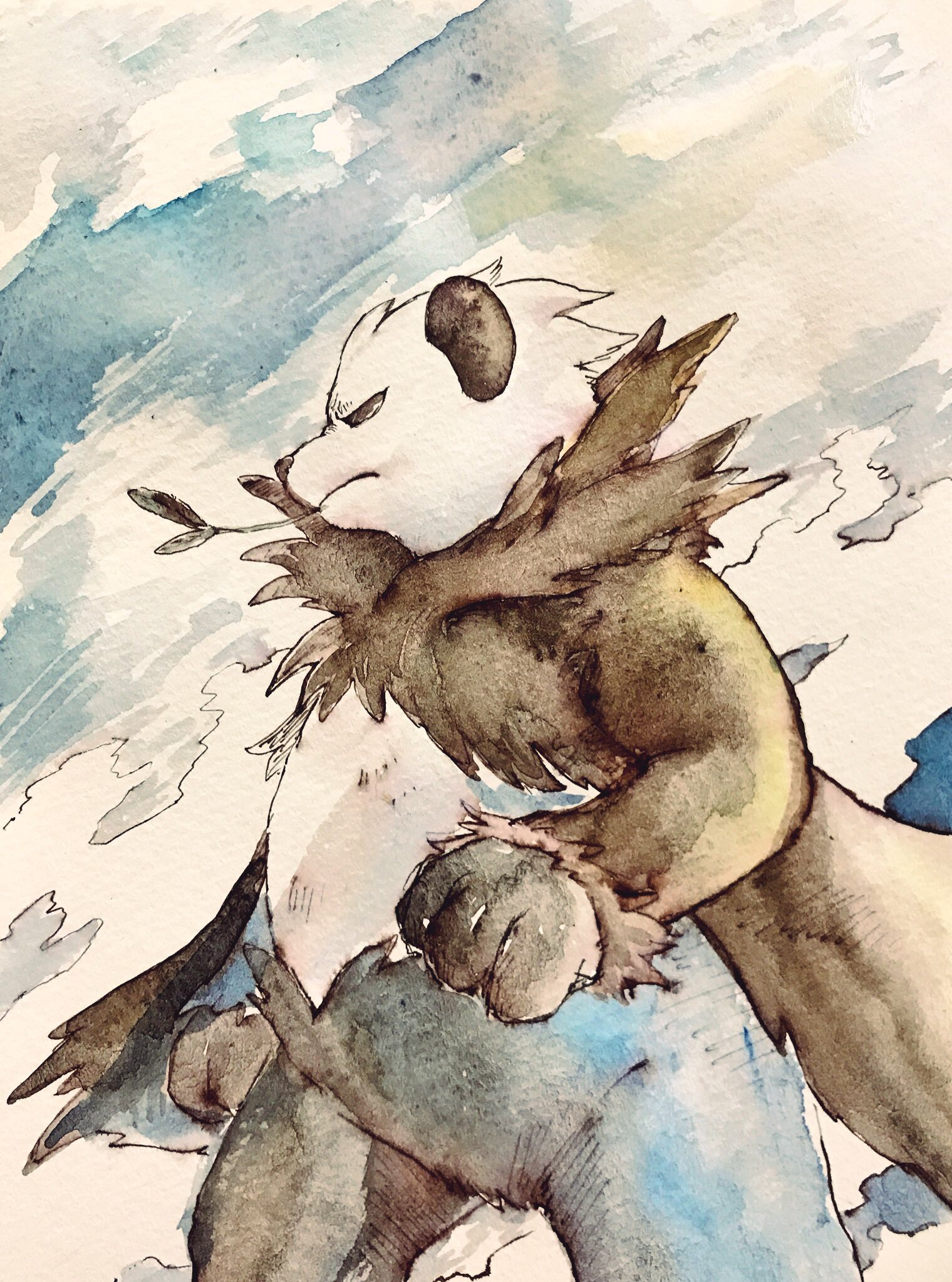 mint nappa, pangoro, nintendo, pokemon, commentary request, highres, painting (medium), traditional media, watercolor (medium), black eyes, feet out of frame, full body, gen 6 pokemon, looking to the side, mouth hold, no humans, pokemon (creature), solo, stalk in mouth, standing