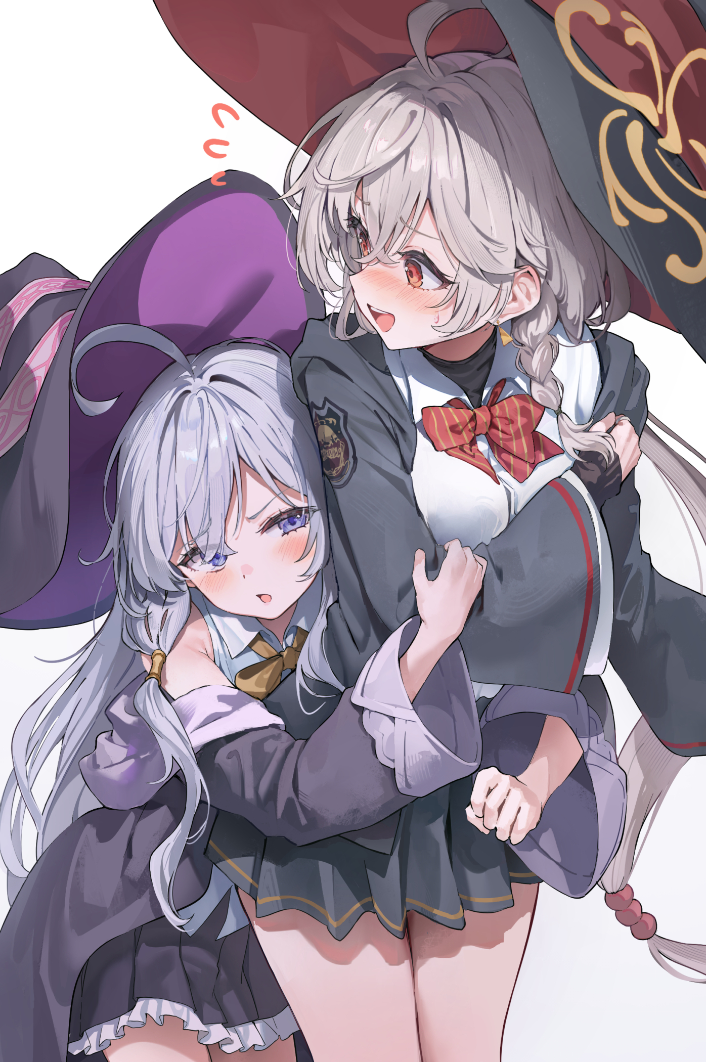 huwari (dnwls3010), elaina (majo no tabitabi), eri (blue archive), blue archive, majo no tabitabi, highres, 2girls, ahoge, black hat, black skirt, blue eyes, blush, bow, bowtie, collared shirt, grey hair, hair between eyes, hat, long sleeves, looking at another, multiple girls, open mouth, pleated skirt, red bow, red bowtie, red eyes, shirt, simple background, skirt, sweat, teeth, upper teeth only, white background, white shirt, witch, witch hat
