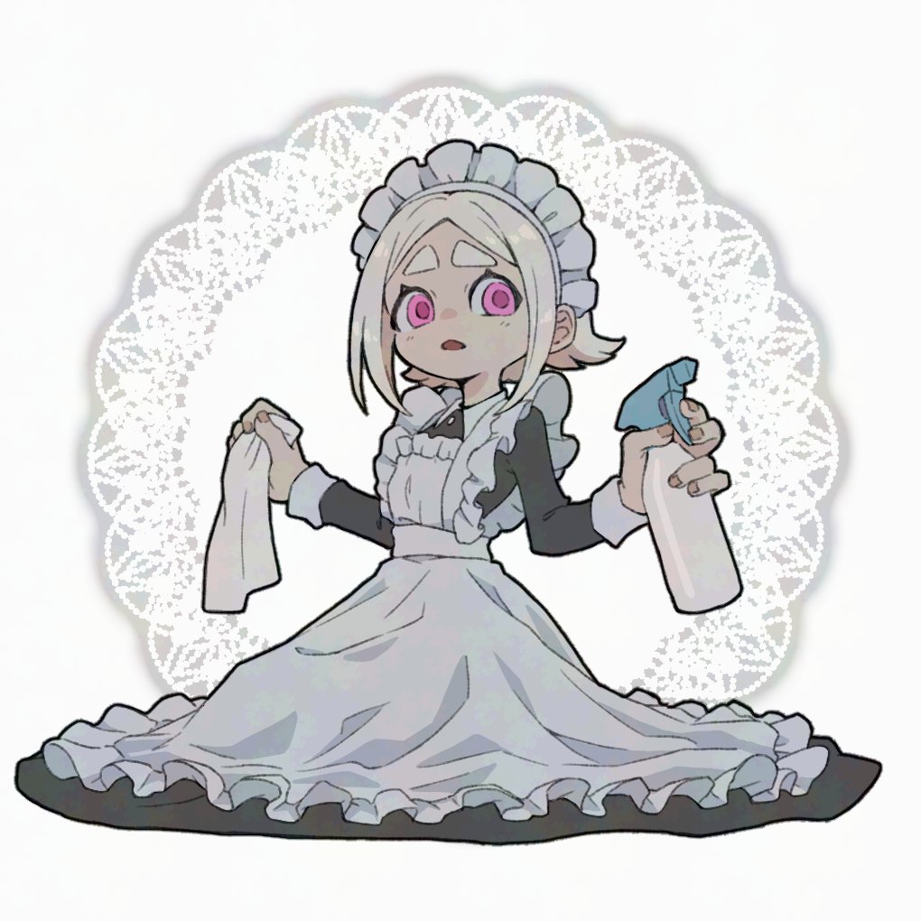 teo (teorekka), eishia stilza, gachiakuta, 1girl, apron, black dress, bottle, dress, holding, holding towel, long sleeves, looking at viewer, maid, maid apron, maid headdress, pink eyes, short hair, sidelocks, sitting, solo, spray bottle, towel, white background, white hair