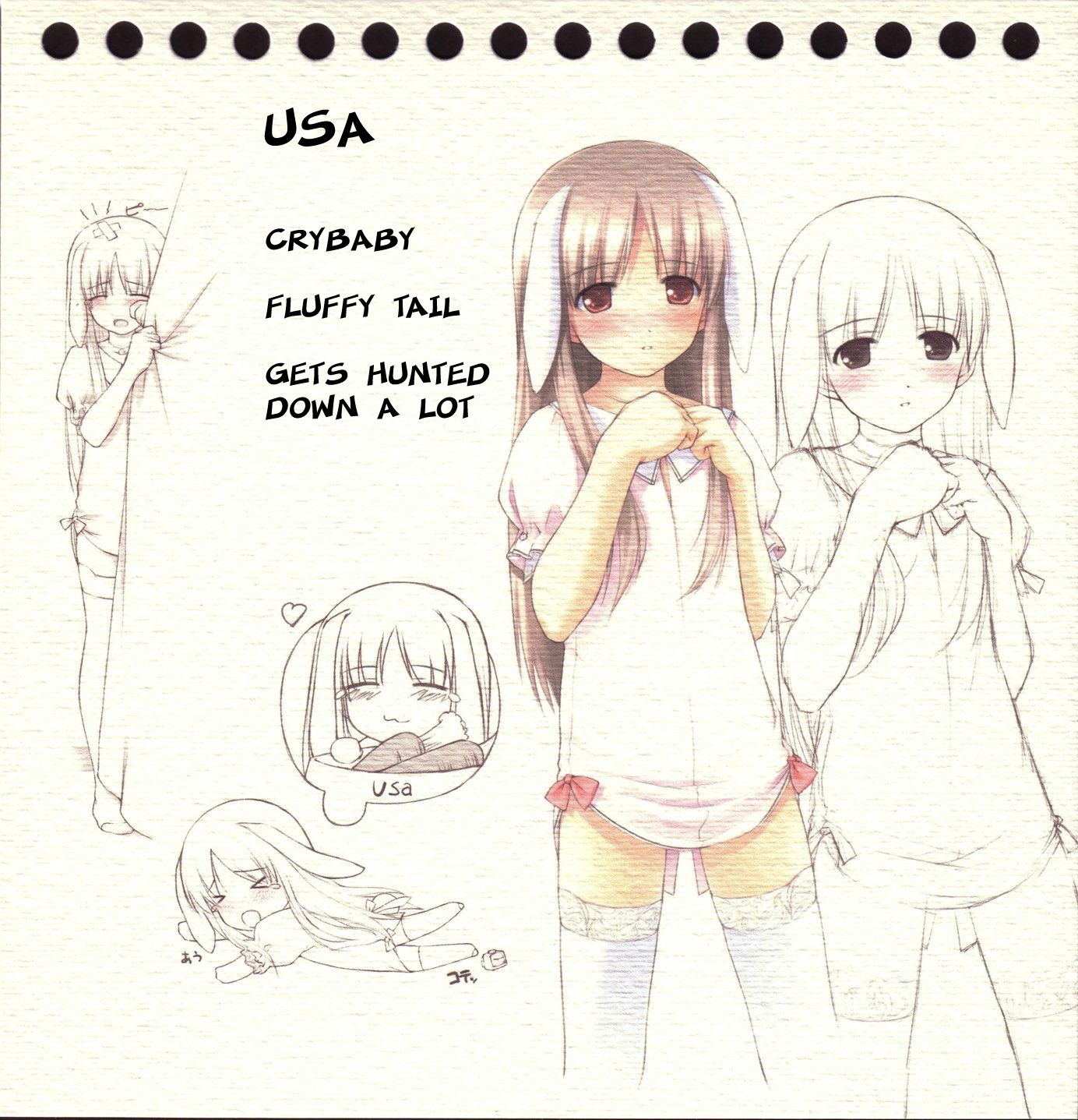 ooji, original, highres, source request, 1girl, animal ears, blush, brown hair, character profile, child, english text, female focus, long hair, multiple views, parted lips, partially colored, rabbit ears, rabbit girl, rabbit tail, red eyes, reference sheet, standing, tail, thighhighs