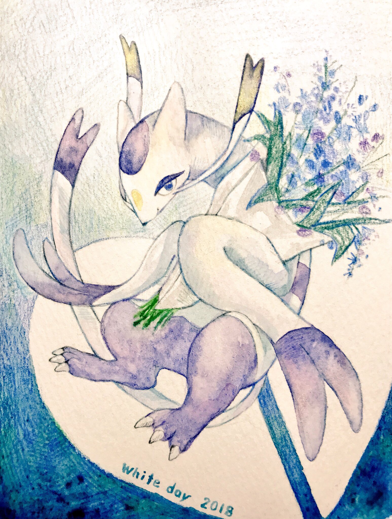 mint nappa, mienshao, nintendo, pokemon, commentary request, highres, painting (medium), traditional media, watercolor (medium), 2018, animal focus, bouquet, closed mouth, flower, full body, gen 5 pokemon, heart, holding, holding bouquet, looking at viewer, no humans, pokemon (creature), purple eyes, smile, solo, white day