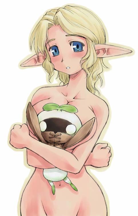 elvaan, final fantasy, final fantasy xi, 00s, blonde hair, blush, breasts, elf, huge breasts, nude, pointy ears, short hair