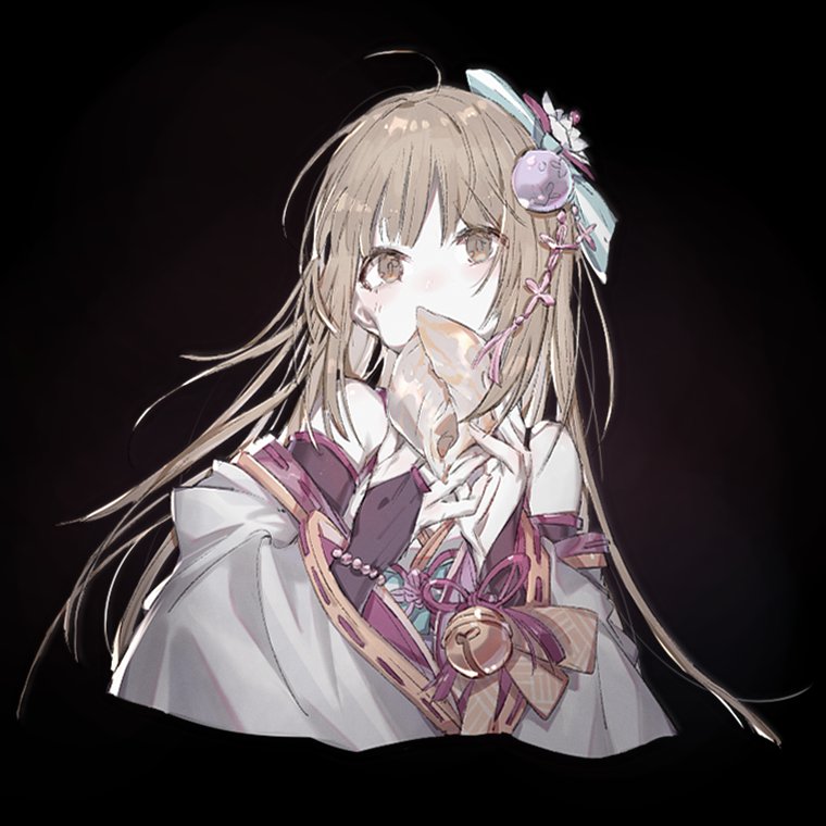 chuzenji, yorita yoshino, idolmaster, idolmaster cinderella girls, commentary, 1girl, aqua bow, aqua kimono, bell, black background, black gloves, bow, bridal gauntlets, brown eyes, brown hair, cropped torso, detached sleeves, gloves, hair bow, hair ornament, holding, holding shell, japanese clothes, jingle bell, kimono, light blush, long hair, shell, simple background, sleeveless, sleeveless kimono, solo, striped bow
