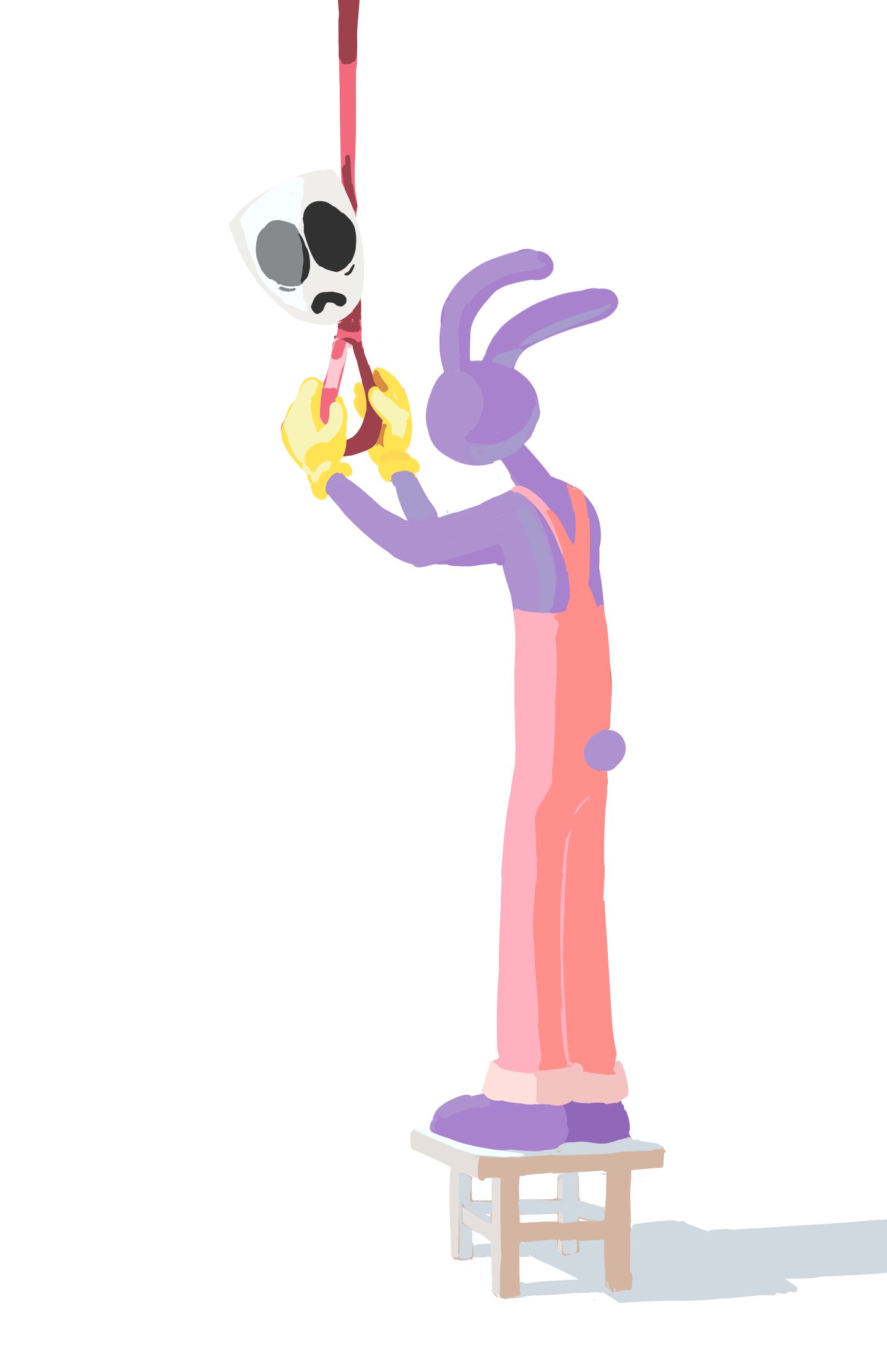 gangle (the amazing digital circus), jax (the amazing digital circus), the amazing digital circus, highres, 1boy, 1girl, animal ears, from behind, gdeyozhh, gloves, imminent suicide, mask, noose, on stool, open mouth, overalls, pink overalls, purple fur, rabbit boy, rabbit ears, rabbit tail, red ribbon, ribbon, shadow, simple background, standing, tail, white background, yellow gloves