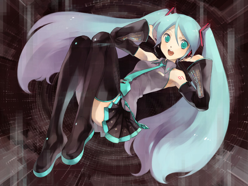 hatsune miku, vocaloid, vocaloid2, black boots, black thighhighs, blouse, blush, boots, collared shirt, grey shirt, hair between eyes, hands on headphones, headphones, long hair, necktie, shirt, shoulder tattoo, skirt, sleeveless, sleeveless shirt, solo, tattoo, thighhighs, twintails, very long hair