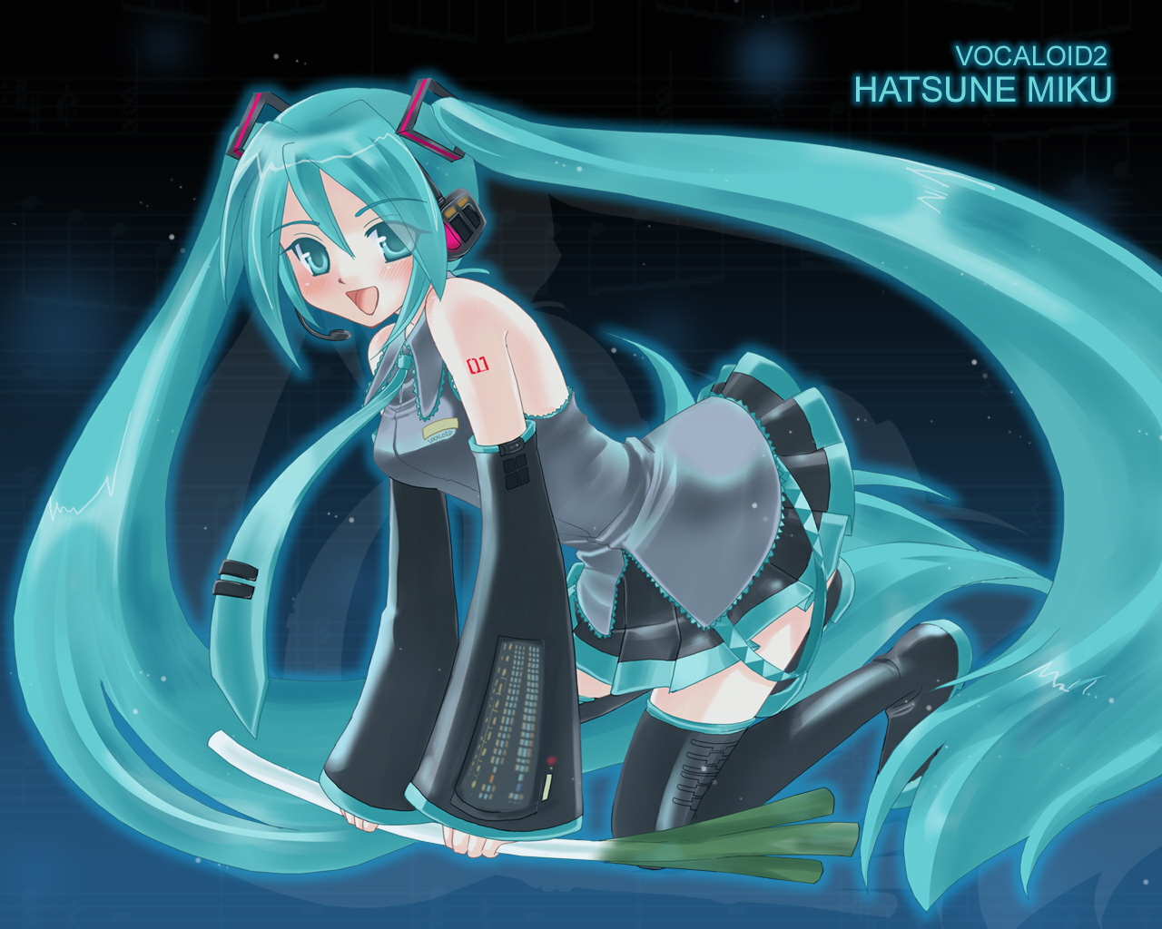 hatsune miku, vocaloid, vocaloid2, blue eyes, blue hair, blush, long hair, necktie, skirt, spring onion, thighhighs, twintails, very long hair