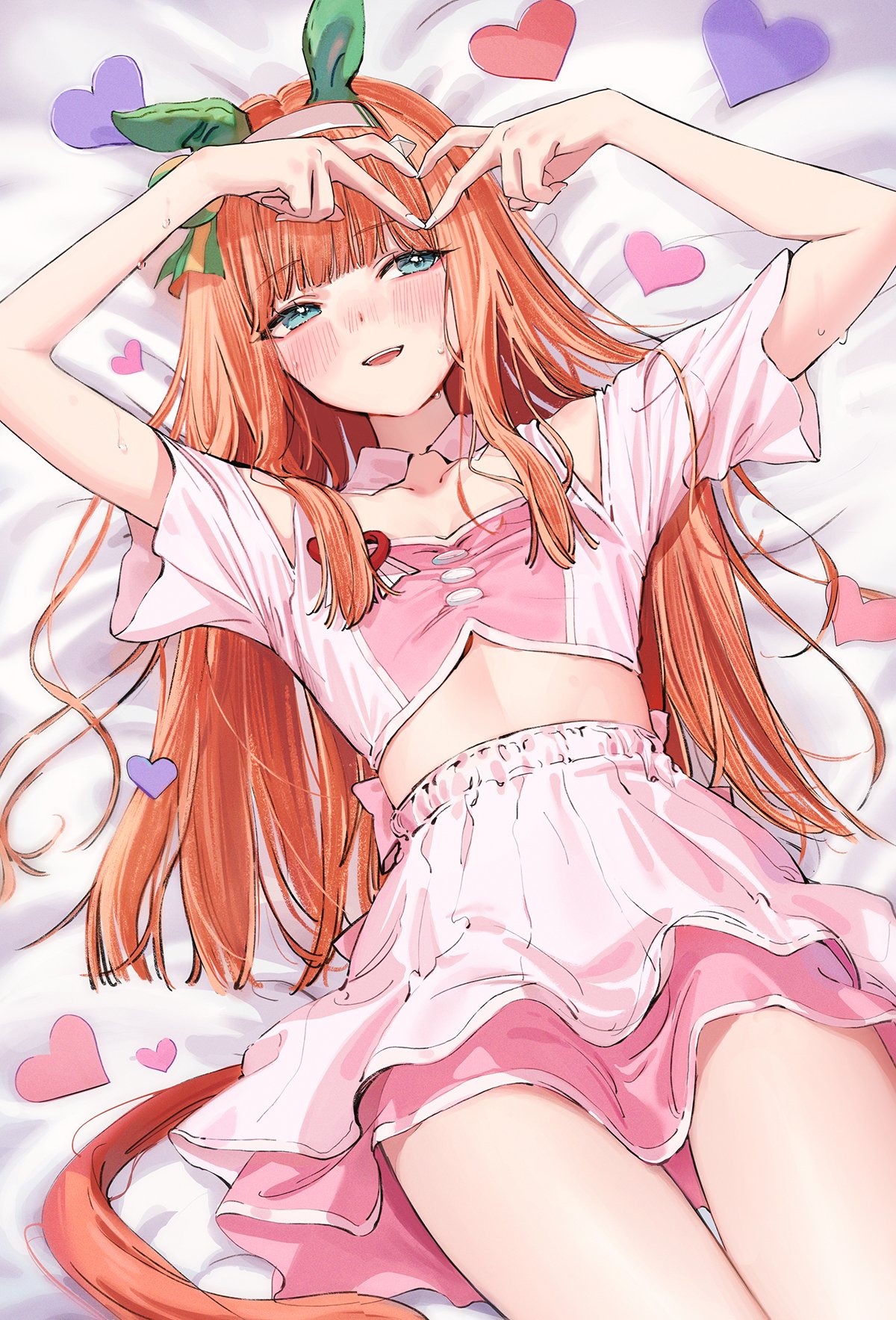 emyo, silence suzuka (umamusume), umamusume, highres, 1girl, animal ears, aqua eyes, bare shoulders, bed sheet, blunt bangs, blush, clothing cutout, crop top, cropped shirt, ear covers, ear ornament, four-finger heart hands, heart, heart hands, horse ears, horse girl, horse tail, layered skirt, long hair, lying, meni shuki rush-sshu!, midriff, official alternate costume, on back, on bed, open mouth, orange hair, pink shirt, pink skirt, shirt, shoulder cutout, skirt, smile, solo, tail, thighs