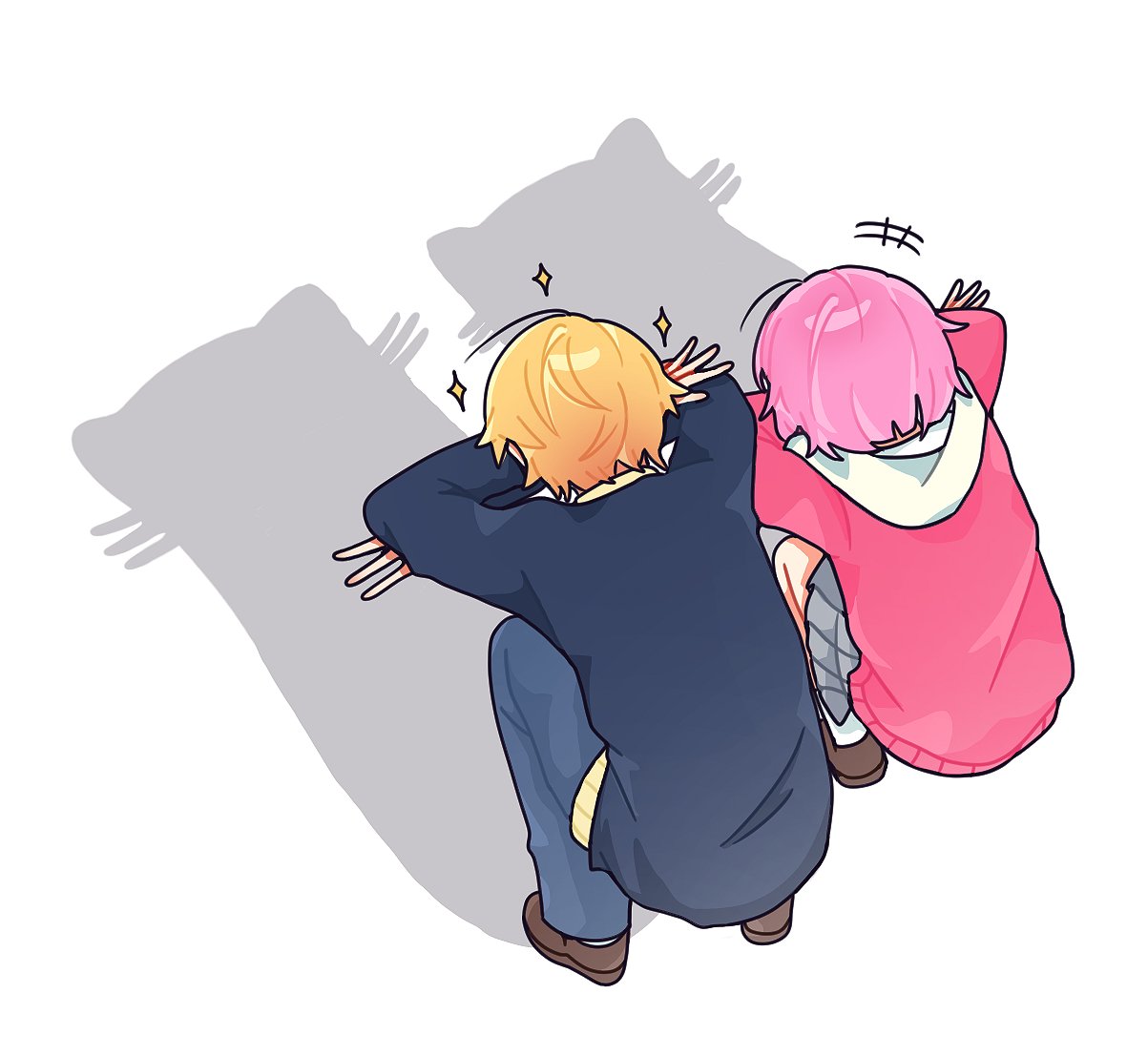 ootori emu, tenma tsukasa, project sekai, commentary, 1boy, 1girl, blonde hair, brown shoes, cat, cat shadow puppet (meme), from behind, gradient hair, hood, hood down, mapio (mapiopipo), meme, multicolored hair, orange hair, pink hair, pleated skirt, shadow, shoes, short hair, skirt, sparkle, squatting, two-tone hair, white background