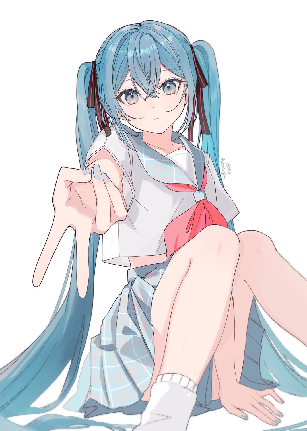 gimtaro, hatsune miku, vocaloid, commentary, highres, black ribbon, blue hair, blue nails, blue sailor collar, blue skirt, closed mouth, hair ribbon, long hair, looking at viewer, neckerchief, plaid clothes, plaid sailor collar, plaid skirt, pleated skirt, red neckerchief, ribbon, sailor collar, school uniform, serafuku, shirt, simple background, sitting, skirt, socks, twintails, v, white background, white shirt, white socks